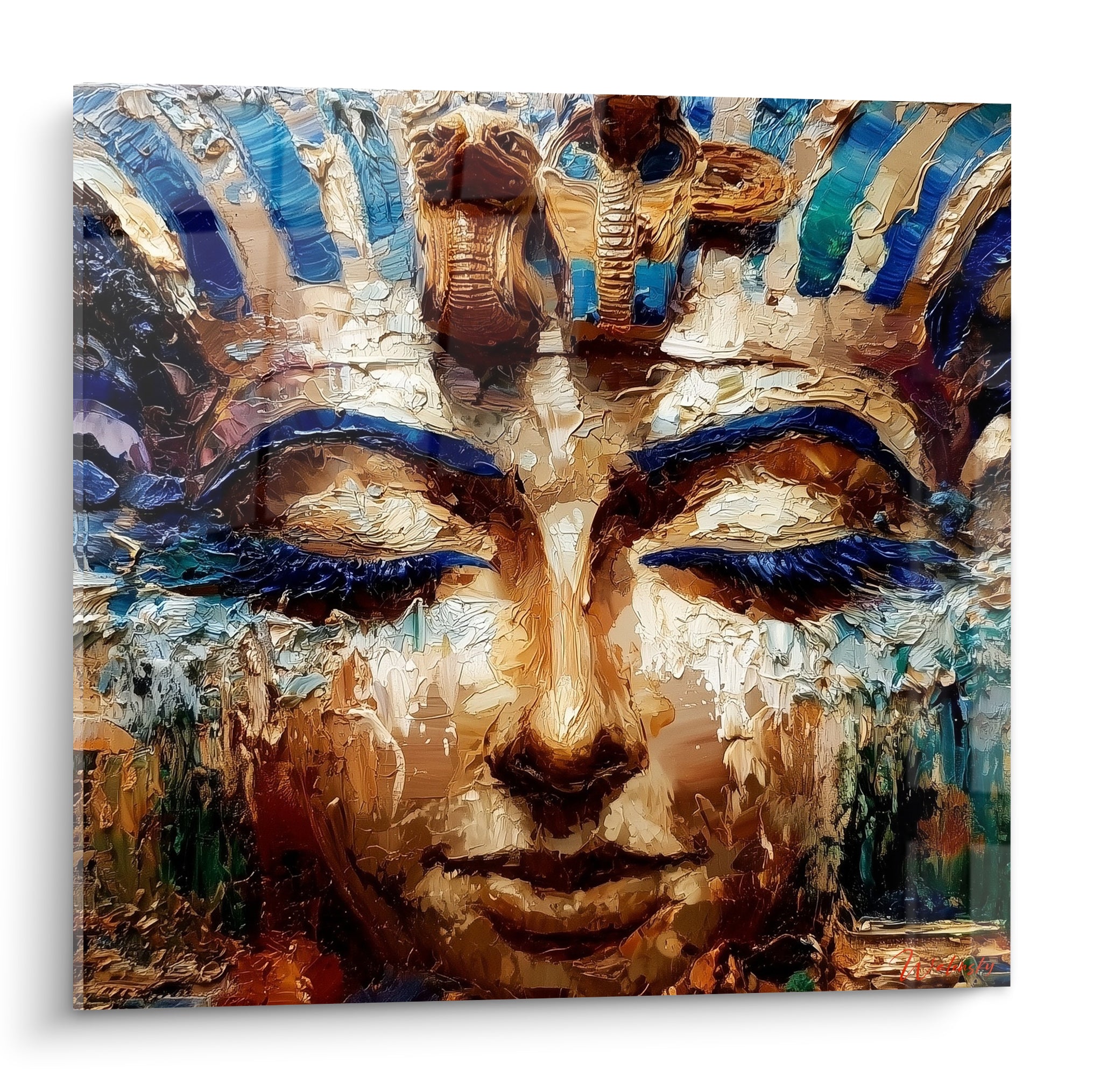 Pharaon égyptien au visage doré et coiffe bleu marine, peinture texturée au couteau