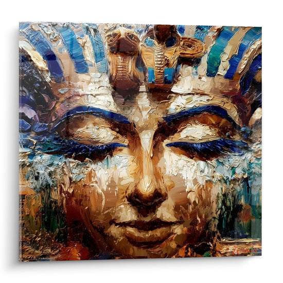 Pharaon égyptien au visage doré et coiffe bleu marine, peinture texturée au couteau