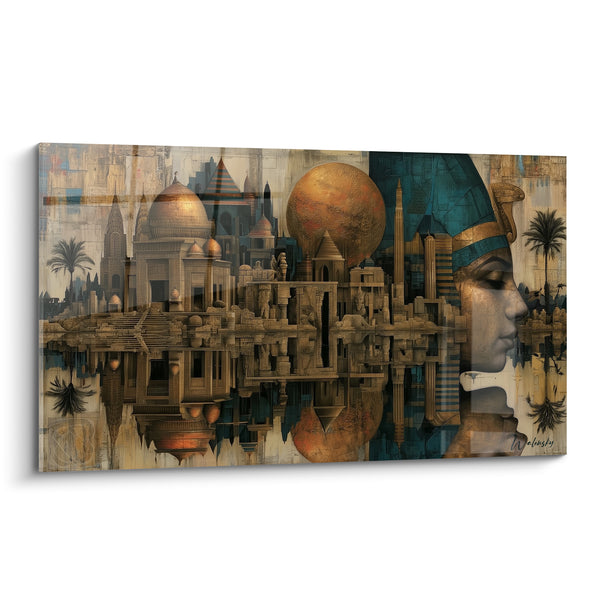 Tableau Cité dorée et bleue aux dômes reflétés - Profil de reine au némès - Edition egypte