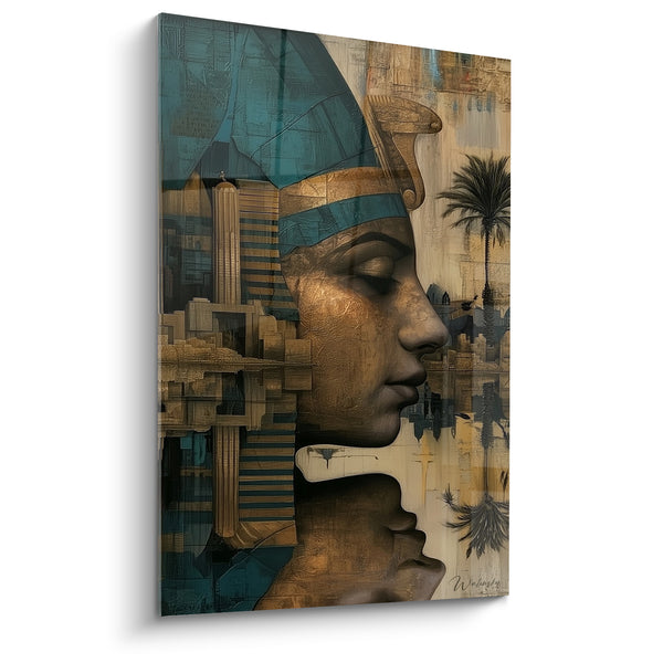 Tableau Pharaonne dorée et turquoise au palmier reflété - Cité fantôme superposée - Edition egypte