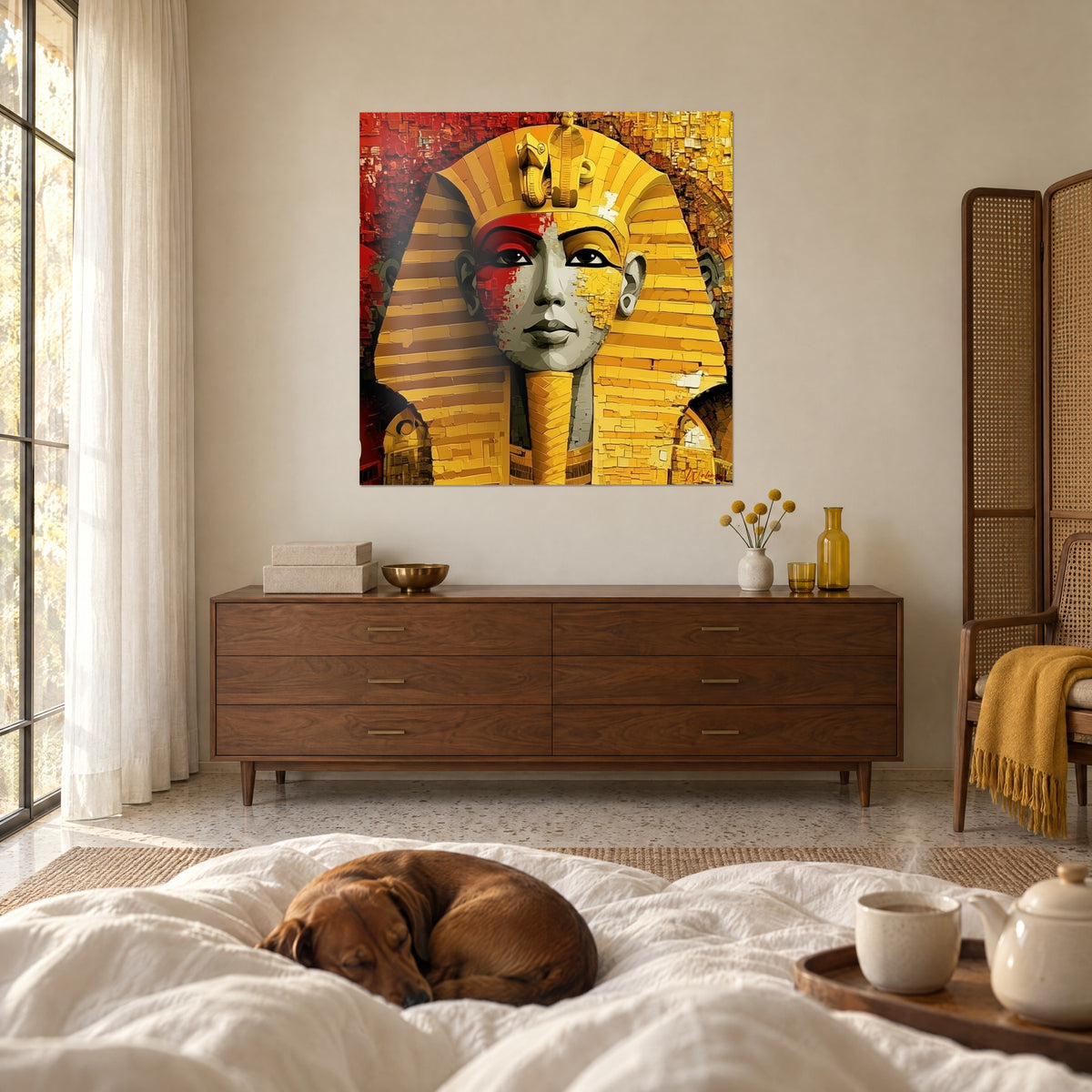 Schilderij gouden koning met een geel en oranje gestreepte hoofdtooi, wang rood geschilderd, boven een bed in een lichte slaapkamer