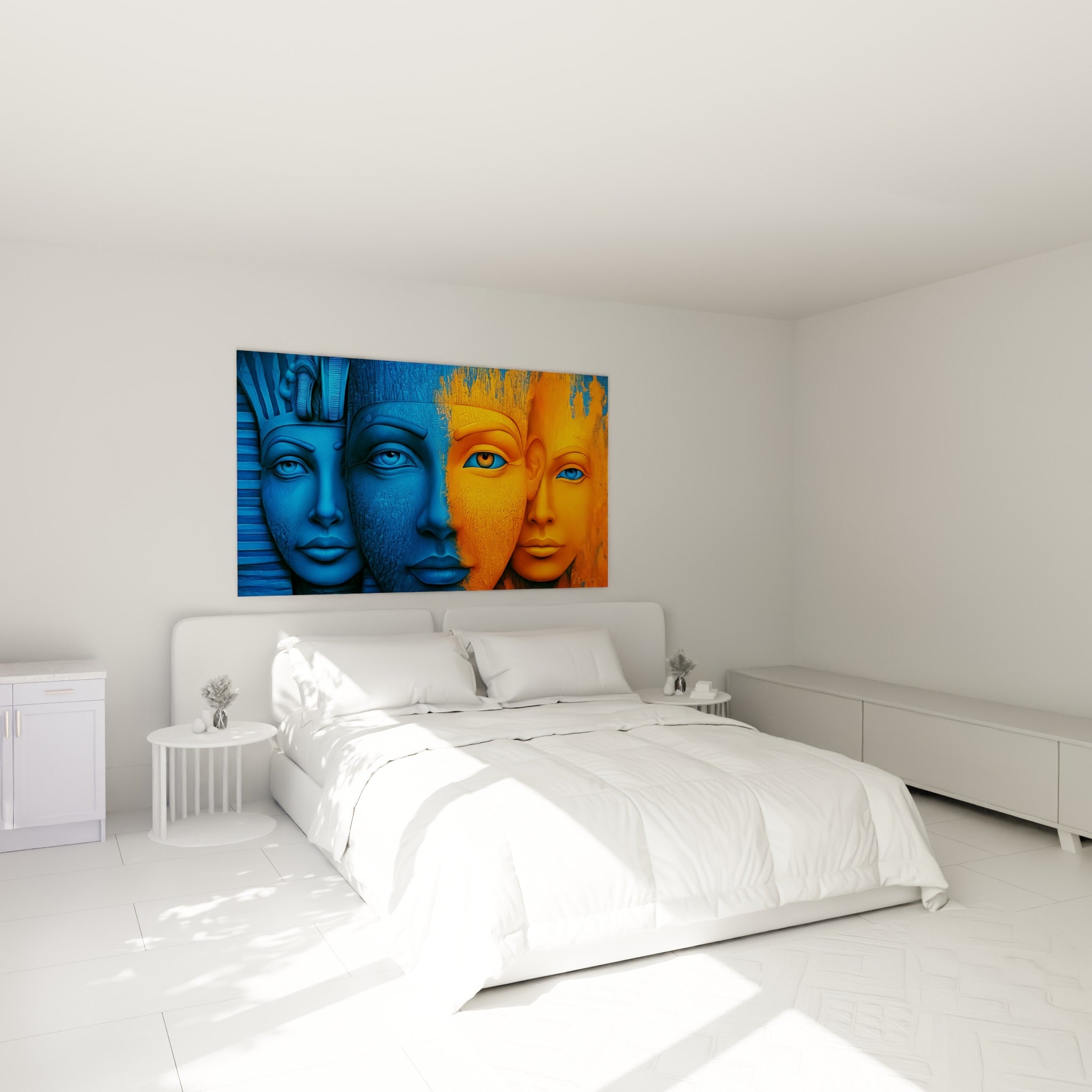 Pharaons égypte bleu et orange dorés au-dessus d'un lit dans une chambre claire