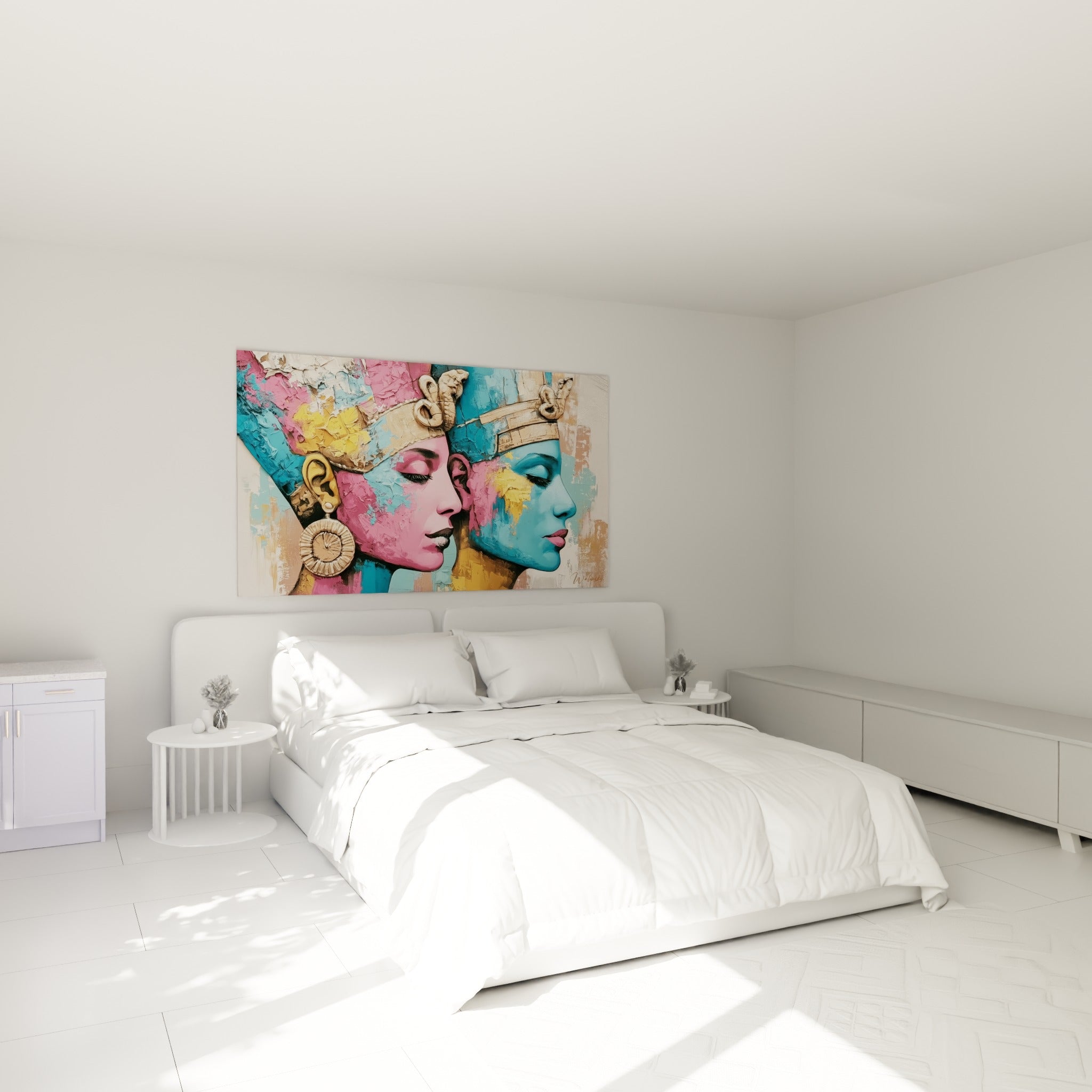 Profils pharaoniques rose et bleu turquoise, couronnes dorées, accrochés au-dessus d'un lit dans une chambre claire