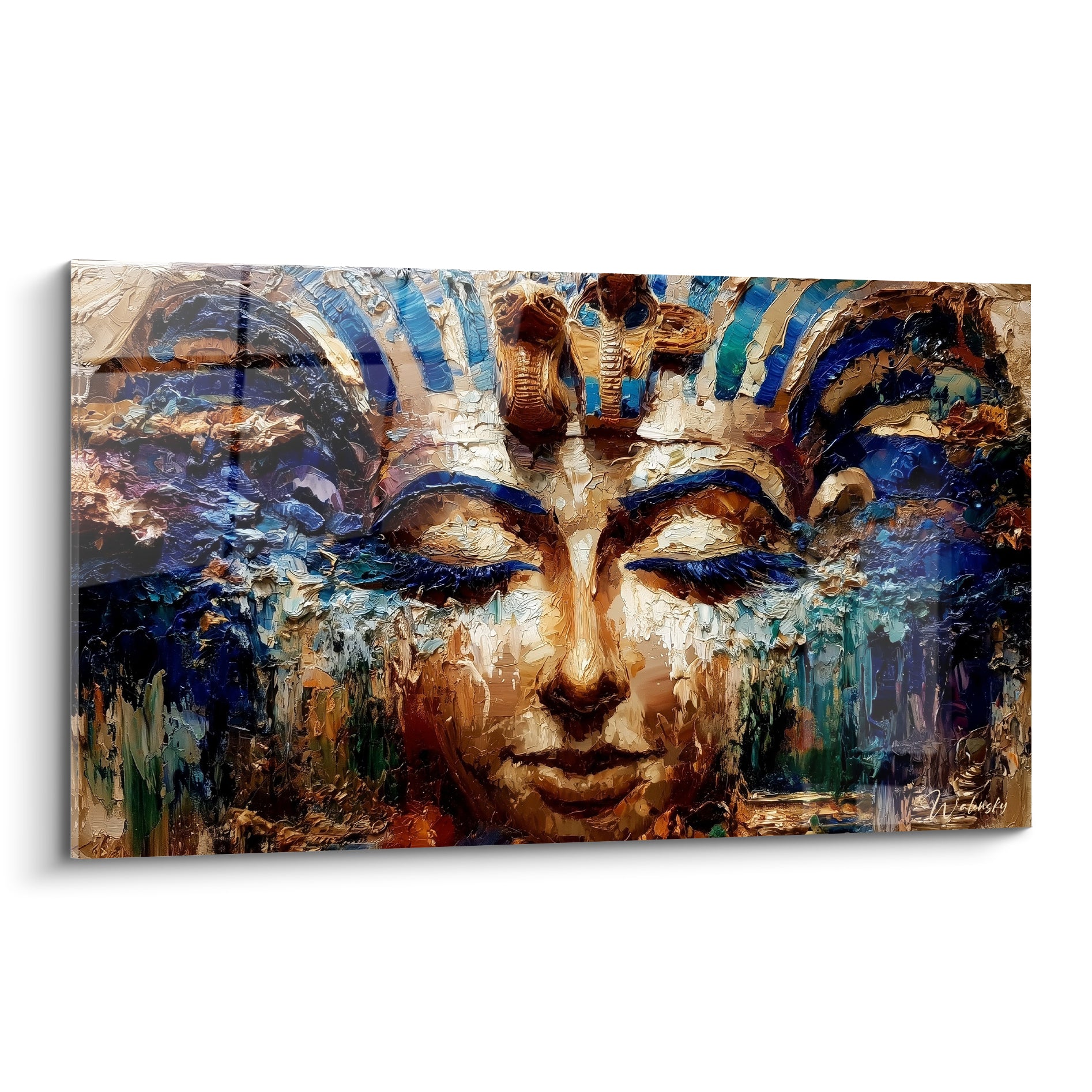 Pharaon au visage doré et némès bleu marine, yeux clos, peinture texturée au couteau