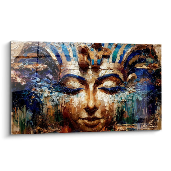 Pharaon au visage doré et némès bleu marine, yeux clos, peinture texturée au couteau