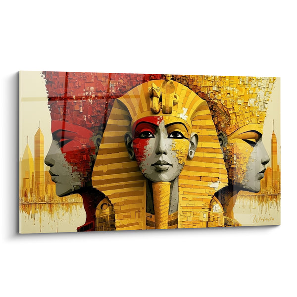 Tableau Pharaon doré et rouge aux profils jumeaux - Silhouette urbaine dorée - Edition egypte