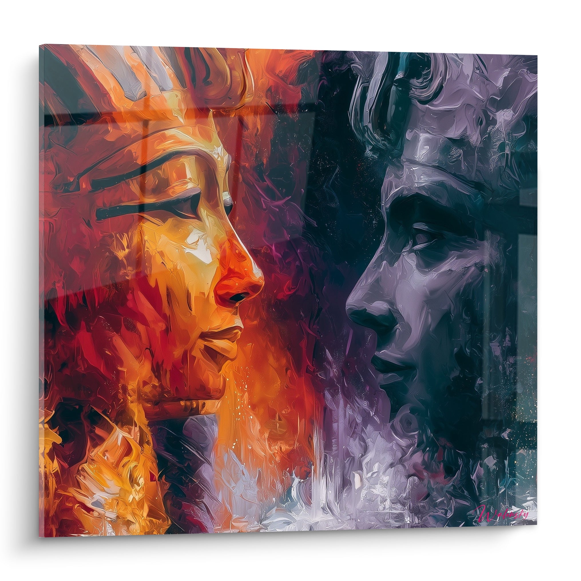 Pharaon doré et statue anthracite face à face, peinture texturée aux tons feu et violet