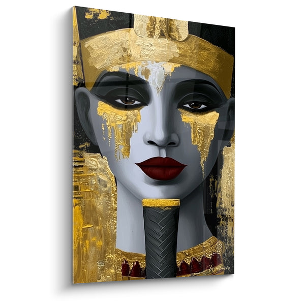 Tableau Visage gris et doré aux lèvres bordeaux - Collier tressé anthracite - Edition egypte