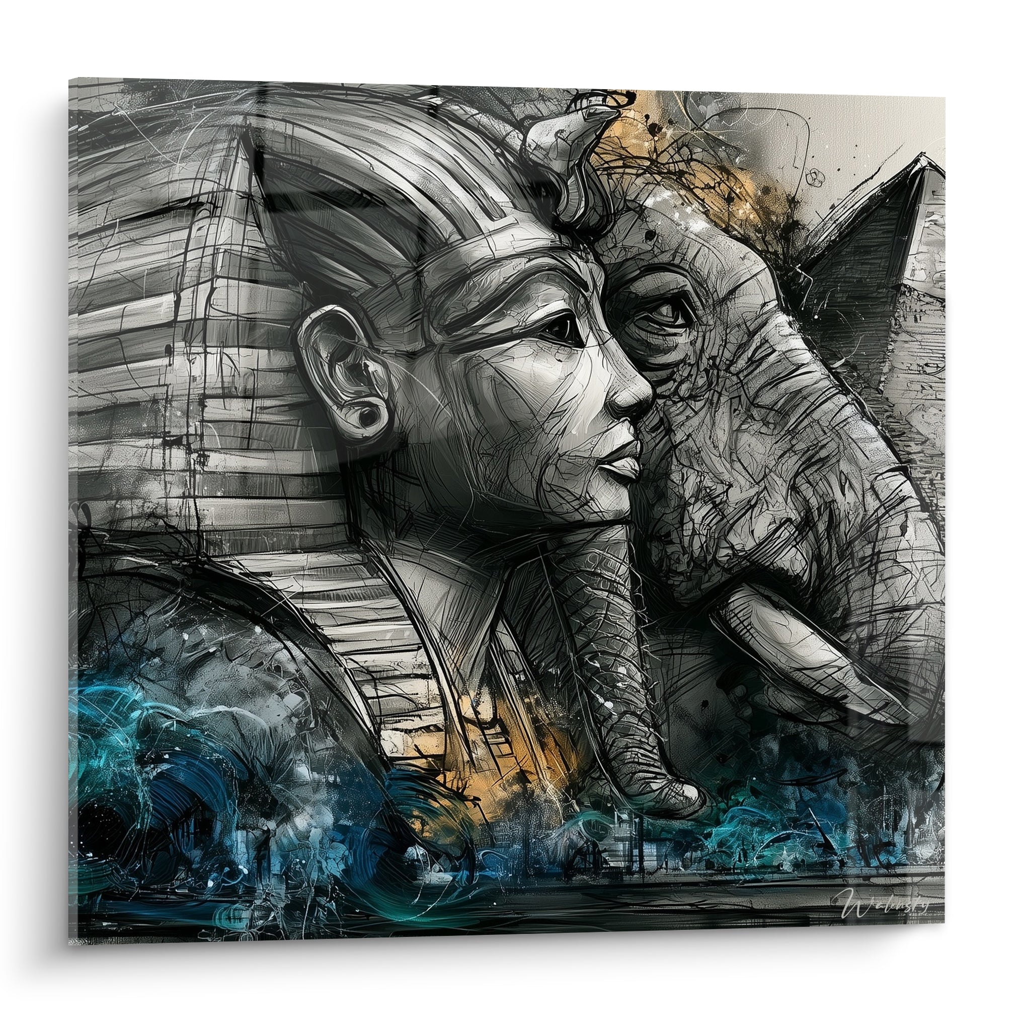 Pharaon égyptien et éléphant en gris anthracite avec éclats bleu turquoise, traits gravés
