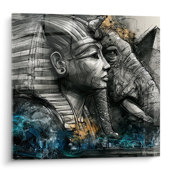 Tableau Pharaon gris et bleu à trompe d'éléphant - Mémoire ancestrale - Edition egypte