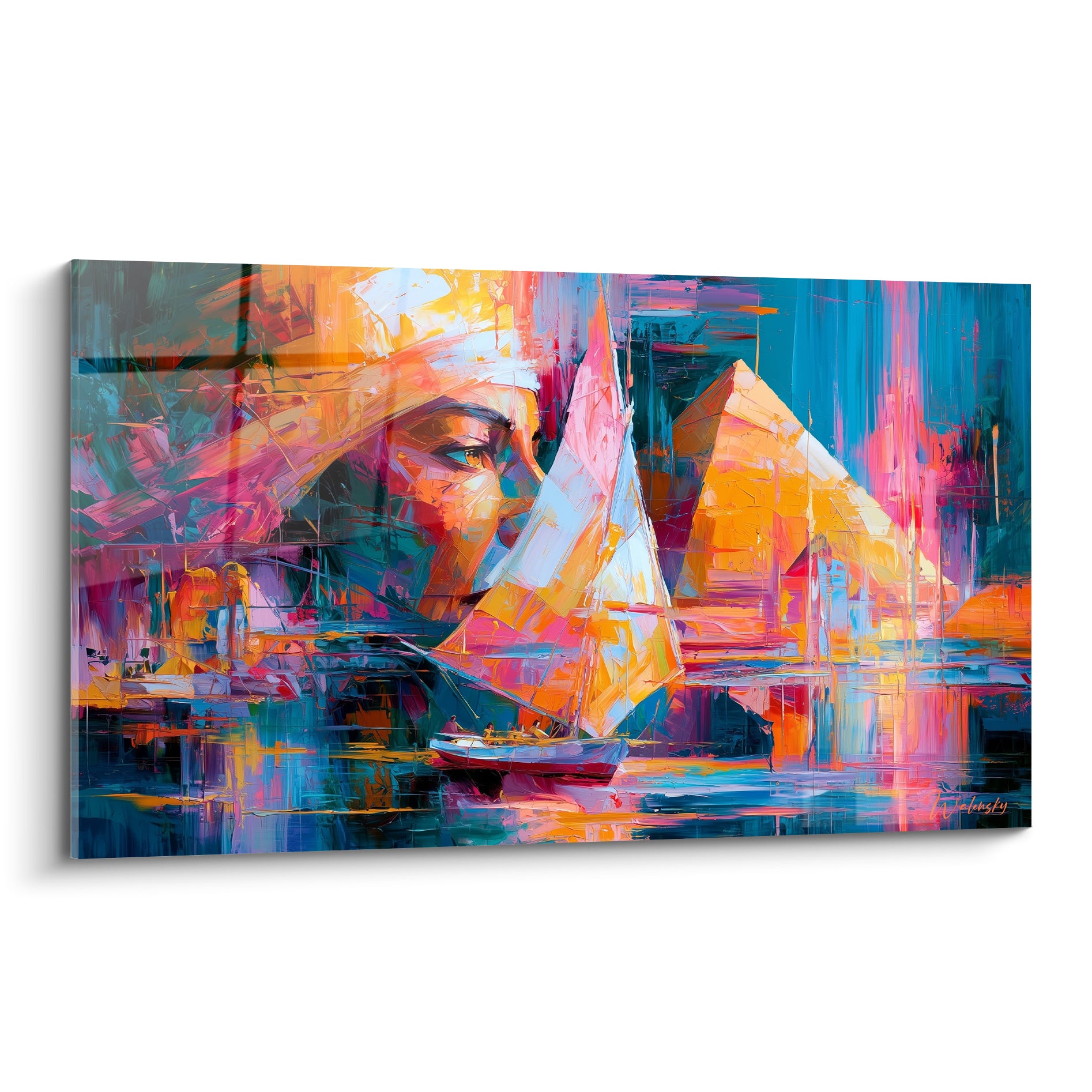 Visage pharaonique et felouque orange et bleu marine glissant sur le Nil, style abstrait au couteau