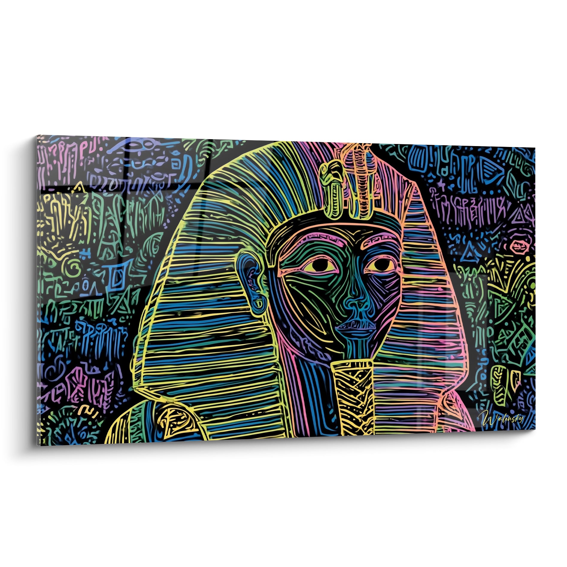 Pharaon égyptien aux lignes jaune et bleu électrique sur fond noir orné de hiéroglyphes colorés