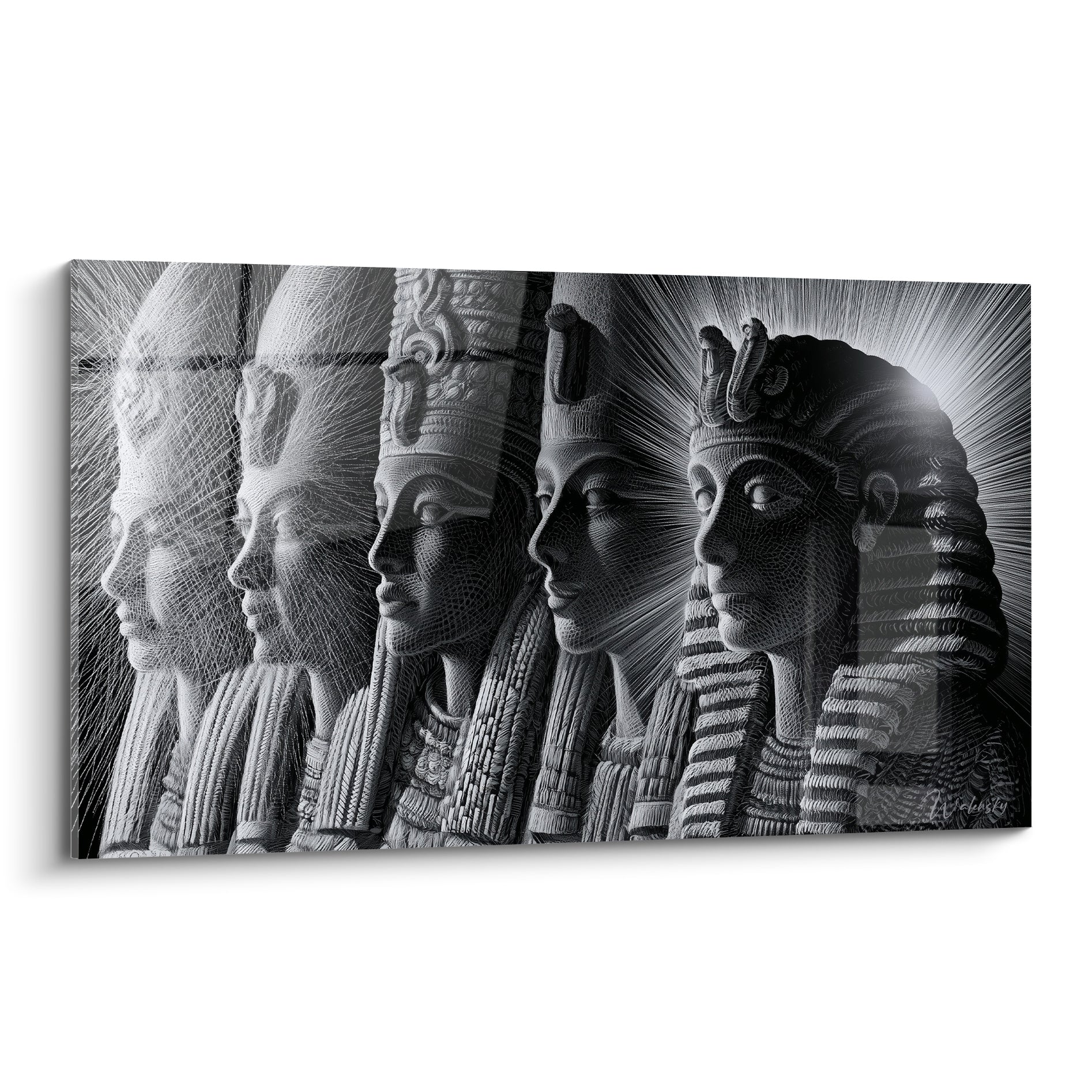 Pharaon égyptien gravé en gris et noir, profils superposés dans une lumière blanche éclatante