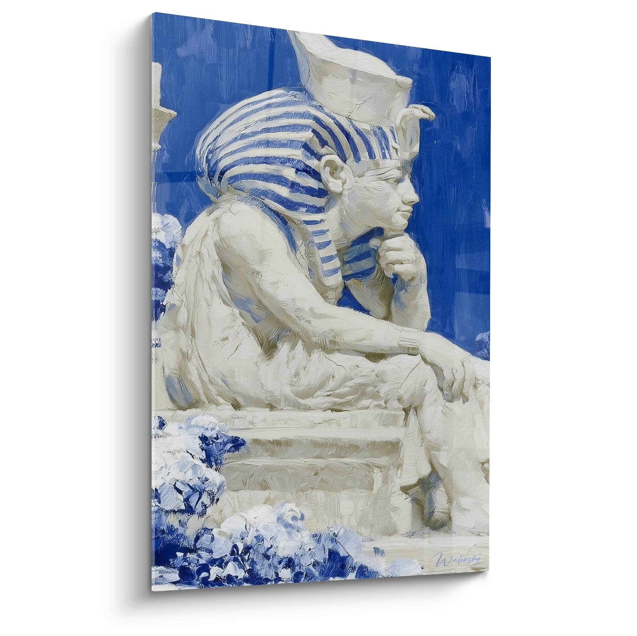 Pharaon égyptien ivoire et bleu marine assis, menton posé sur la main, style pictural