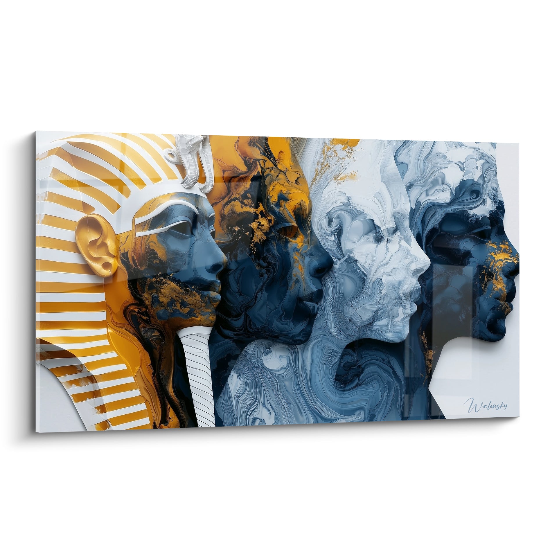 Pharaon au masque doré et profils bleu marine fondus en marbrures sur ce tableau égypte