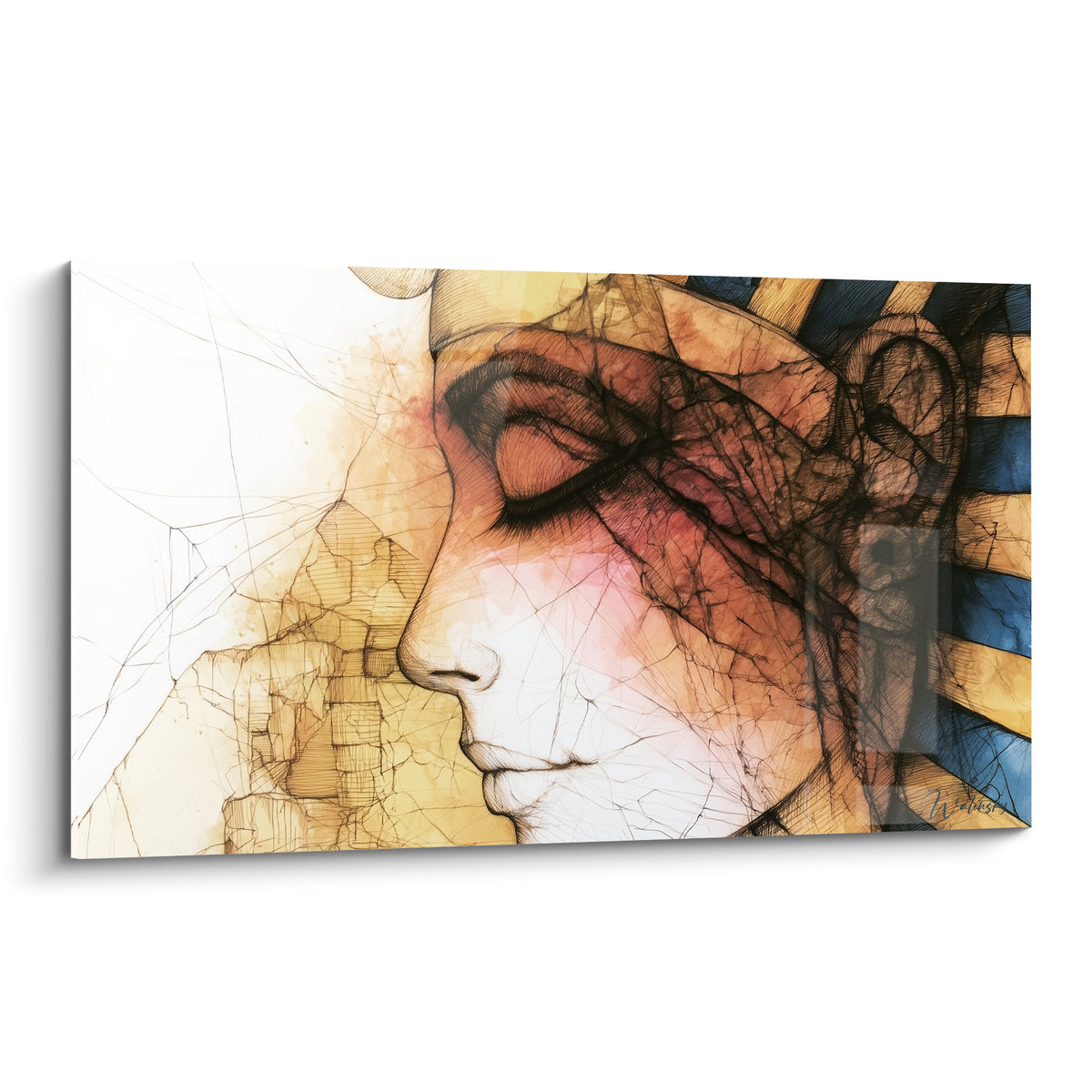 Profil pharaonique ocre et bleu marine aux yeux clos, traits fins et aquarelle égyptienne