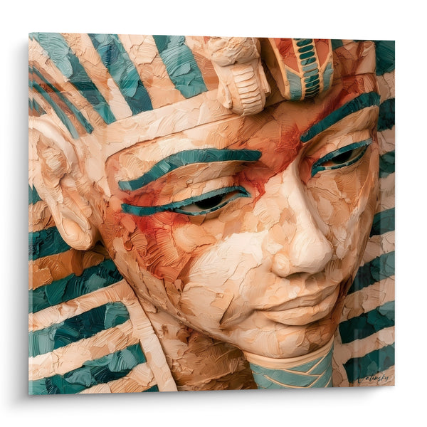 Tableau Visage pharaonique beige et turquoise à empâtements - Regard baissé au némès - Edition egypte