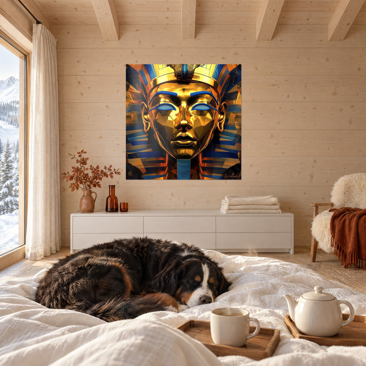 Tableau roi des sables au visage d'or miroitant, bandeau bleu nuit, un chien dormant au-dessus d'un lit dans une chambre claire
