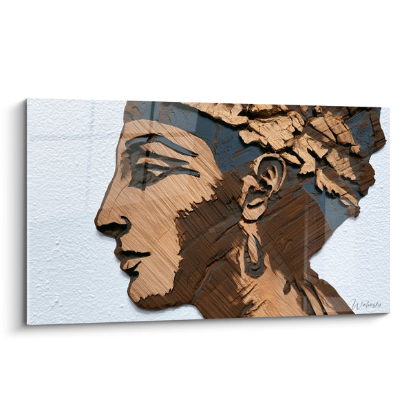 Tableau Profil pharaonique brun et gris sculpté sur bois - Coiffe végétale ciselée - Edition egypte