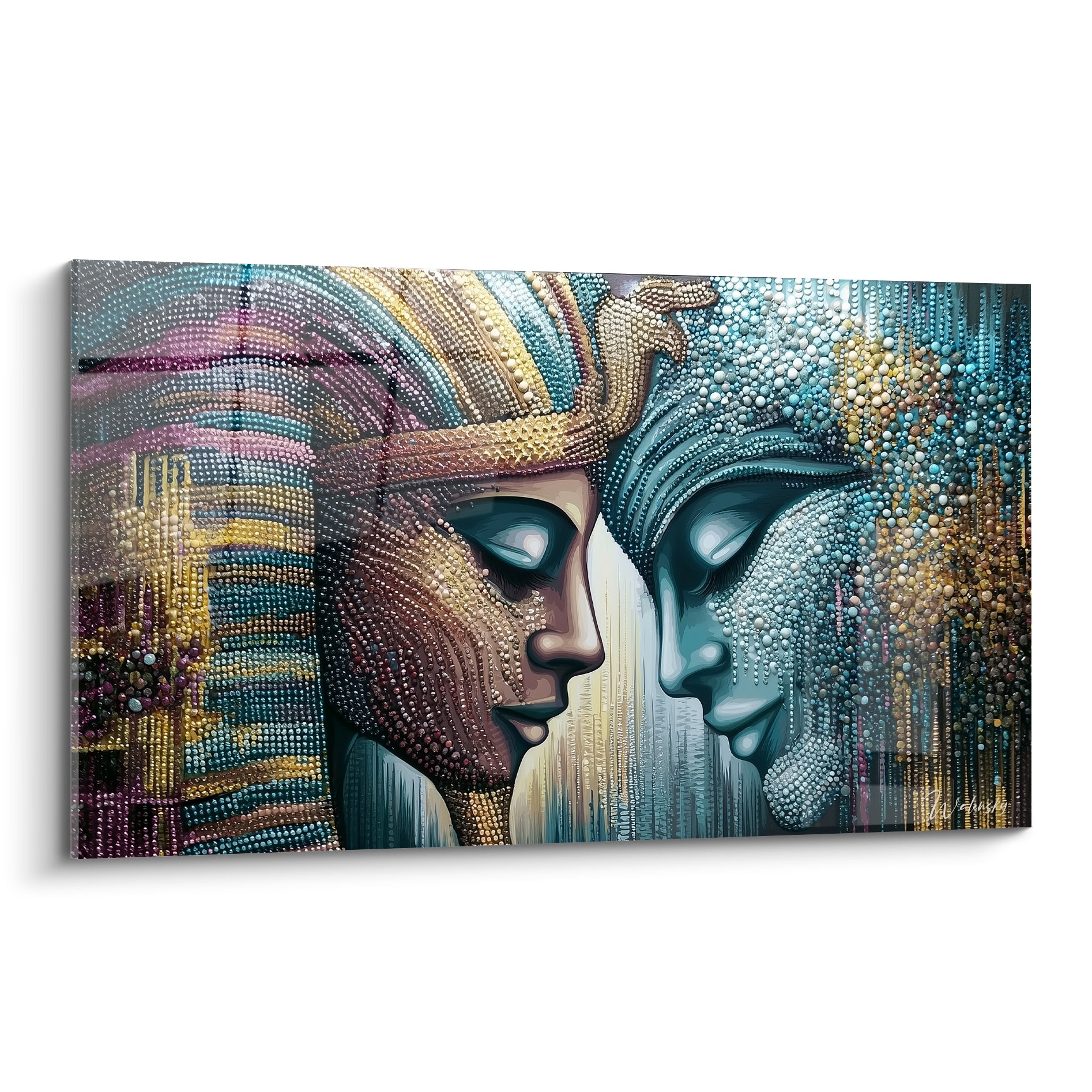 Pharaon et reine égyptiens en profil, tons dorés et turquoise, texture perlée dense sur toile