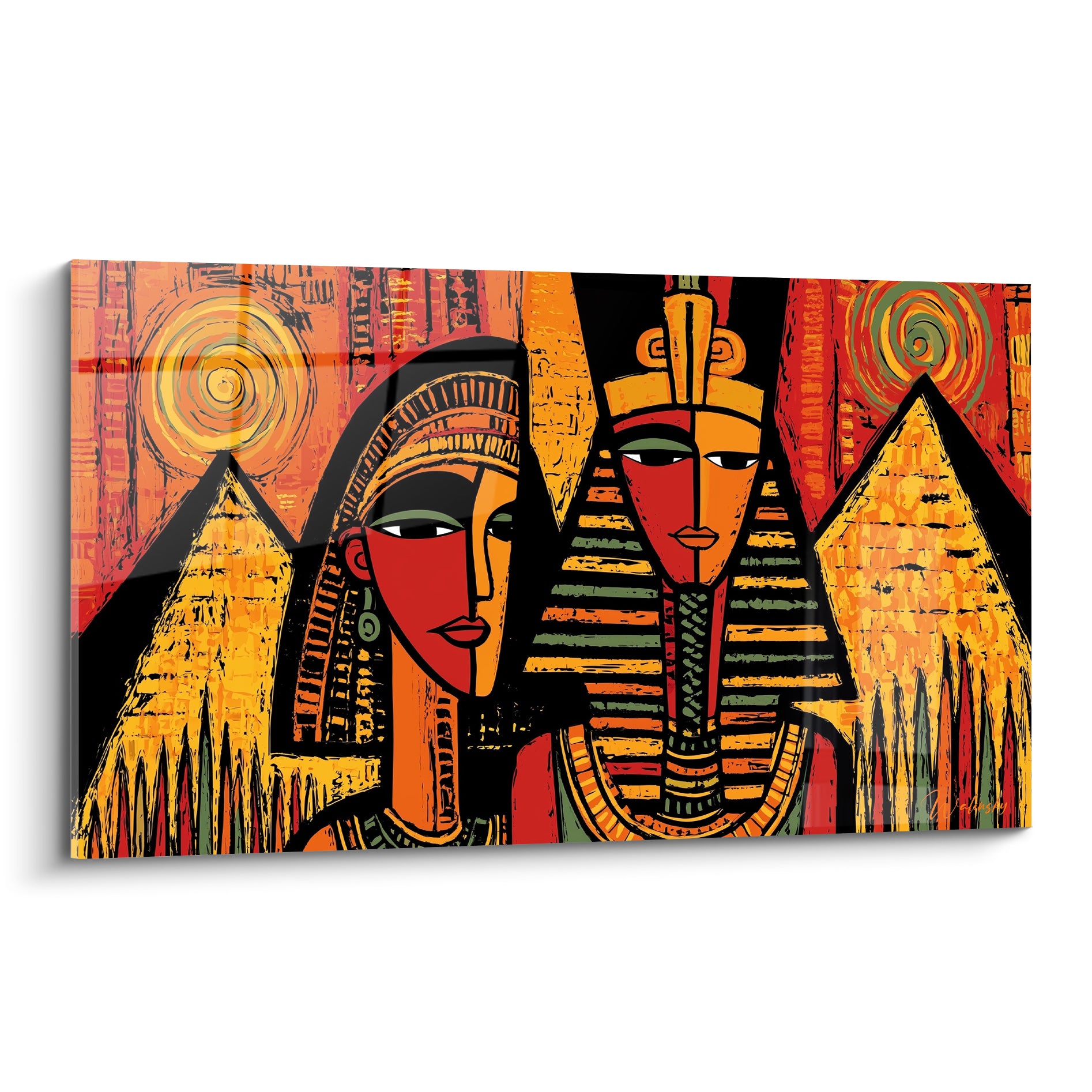 Pharaon et reine égyptiens en ocre, rouge et noir, visages géométriques devant pyramides dorées