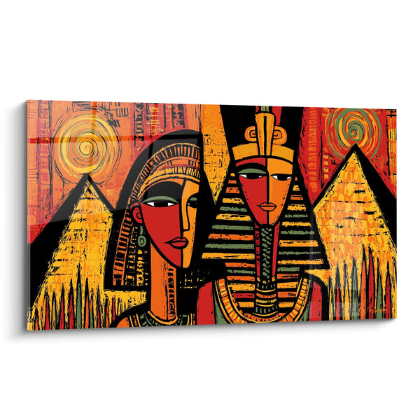 Tableau Pharaon et reine rouge et ocre entre pyramides - Spirales solaires gravées - Edition egypte