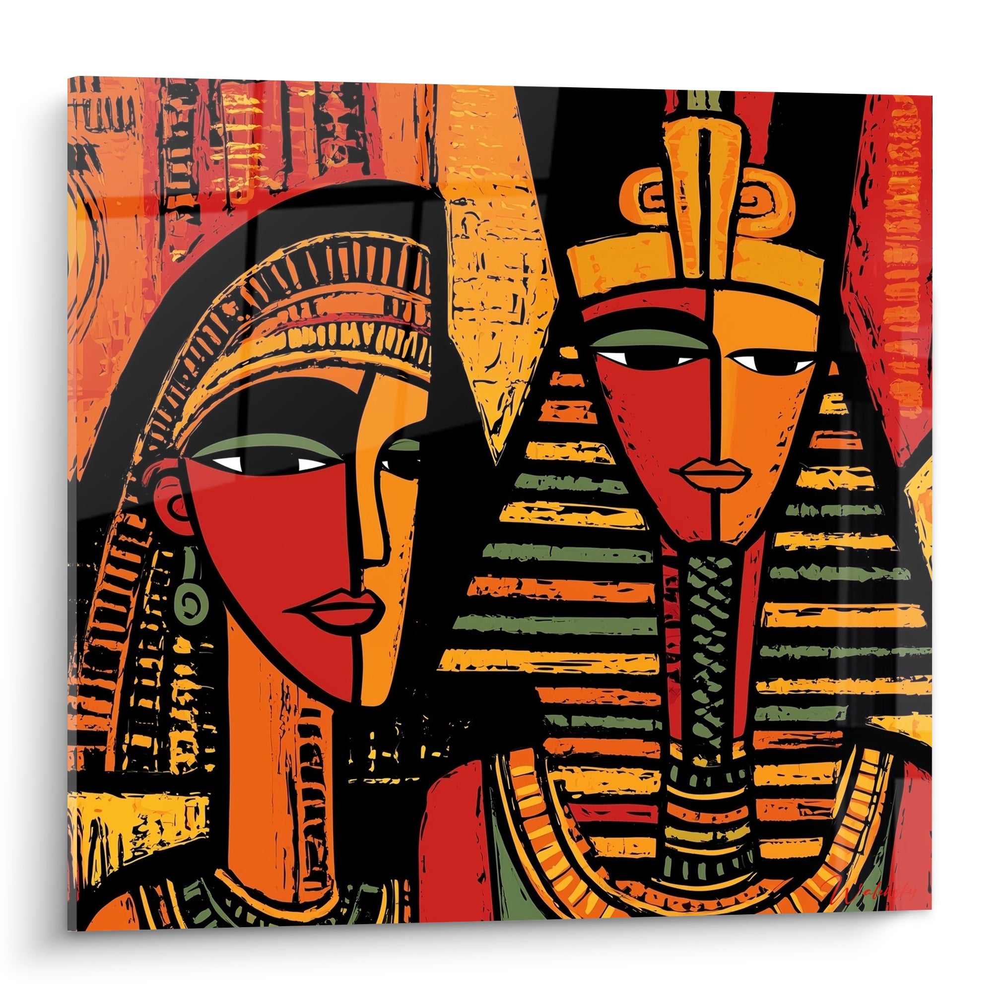 Pharaon et reine égyptiens aux visages rouge et ocre, coiffes dorées et rayures vertes