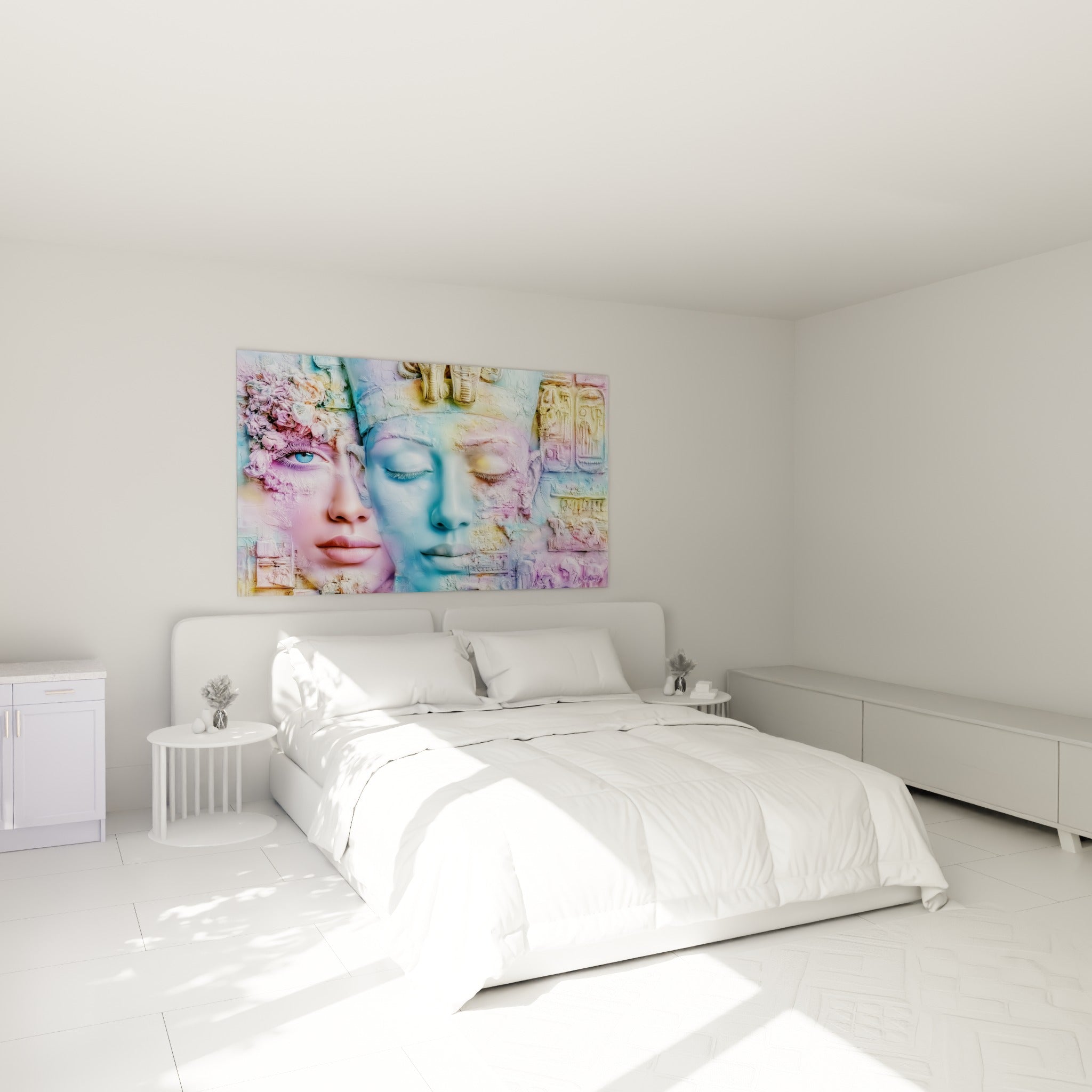 Portrait égyptien bleu et rose accroché au-dessus d'un lit dans une chambre claire