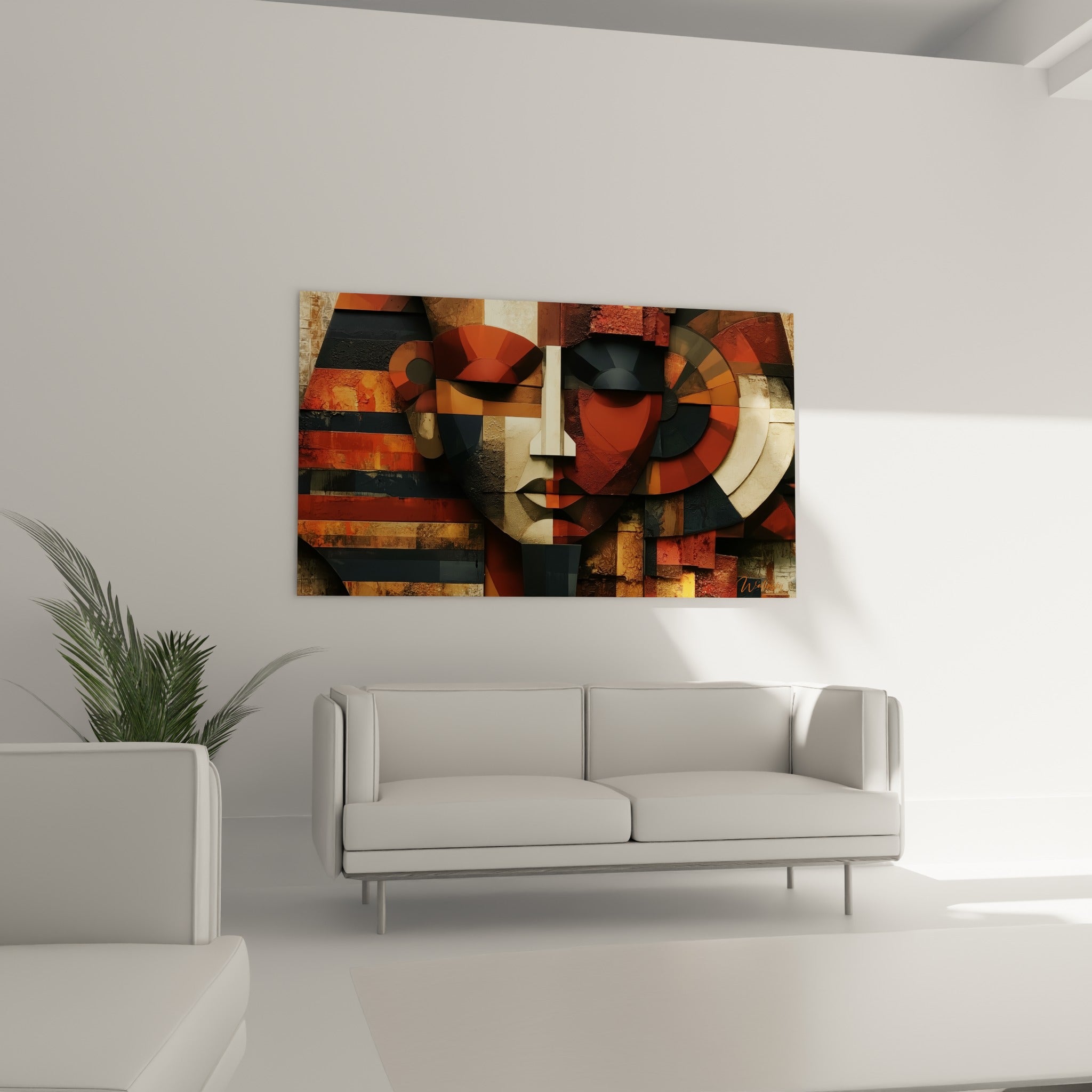 Silhouette pharaonique rouge brique et sable accrochée au-dessus d'un canapé dans un salon lumineux