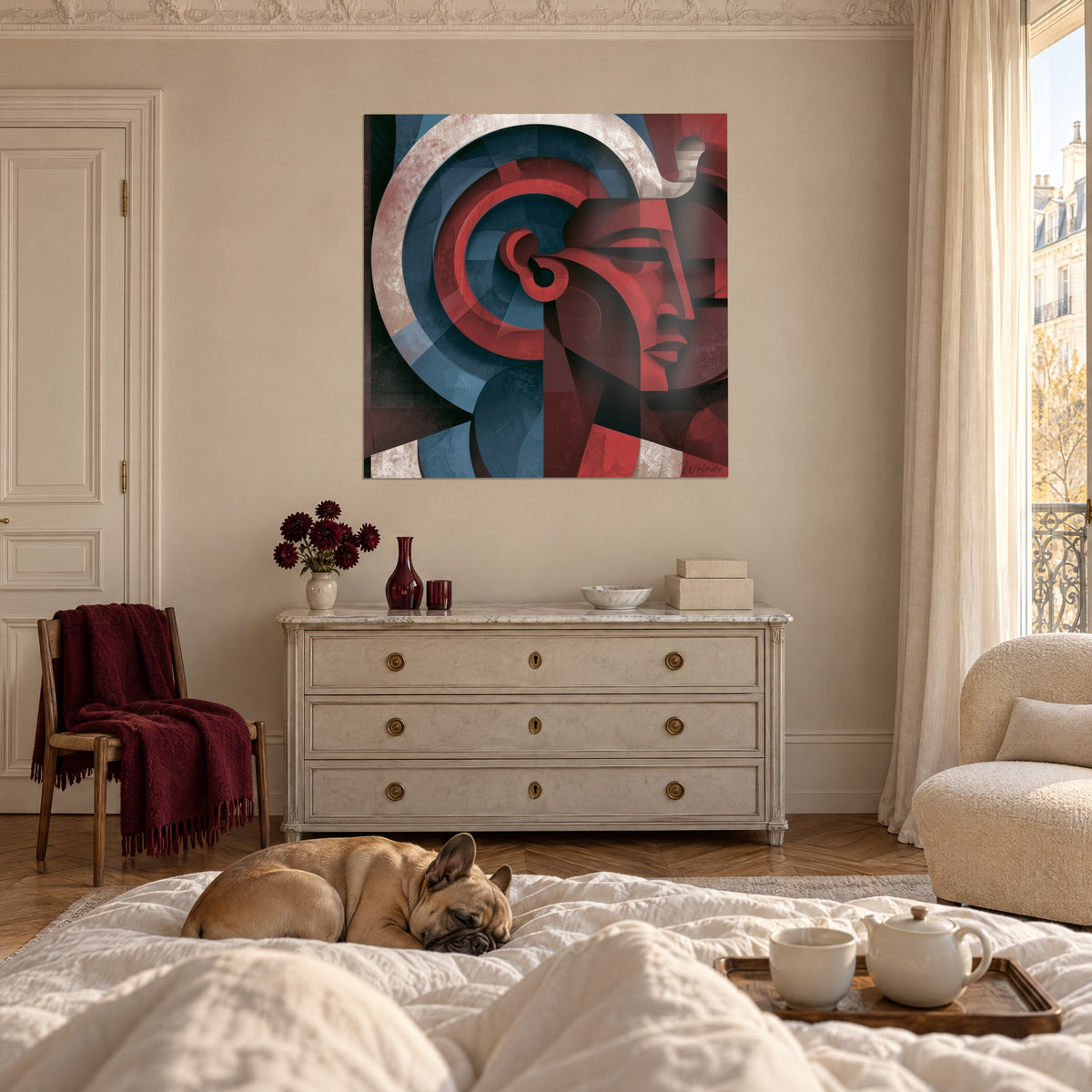 Tableau effigie royale aux cercles bleu ardoise et rouge, face à un bulldog sur la couette, au-dessus d'un lit dans une chambre claire