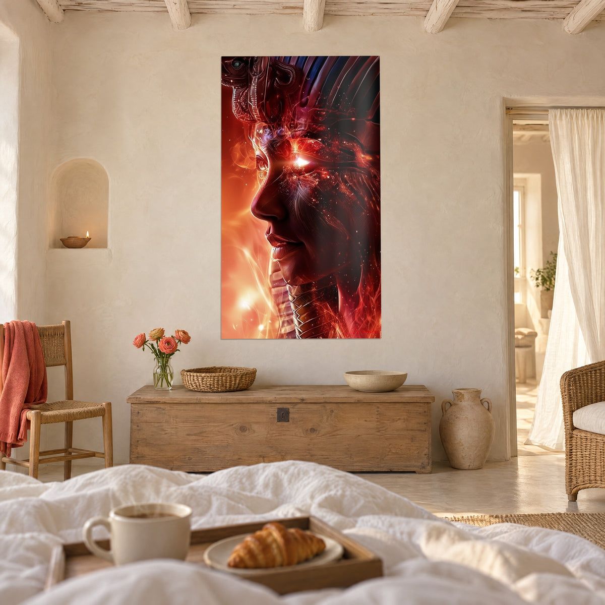 Tableau souverain égyptien au regard de braise, traits cuivrés rouge et orangé, coiffe bleu nuit, au-dessus d'un lit dans une chambre claire