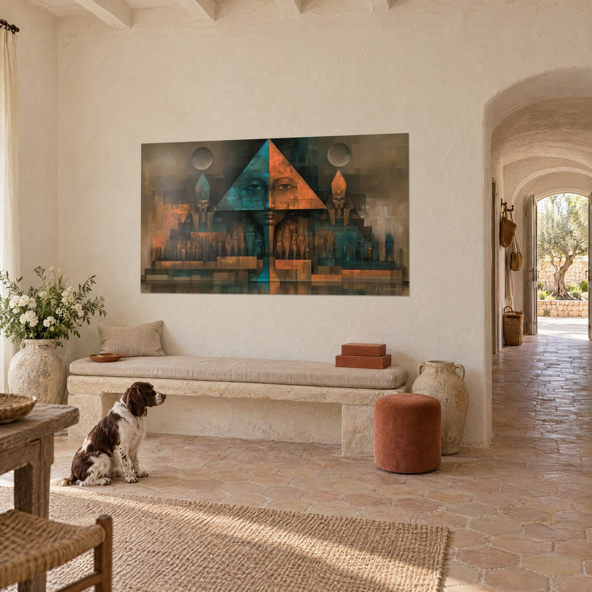 Quadro triangolo sacro metà turchese e metà ruggine, occhi scolpiti e statue allineate, spaniel seduto accanto a una panca di pietra in un mas provenzale
