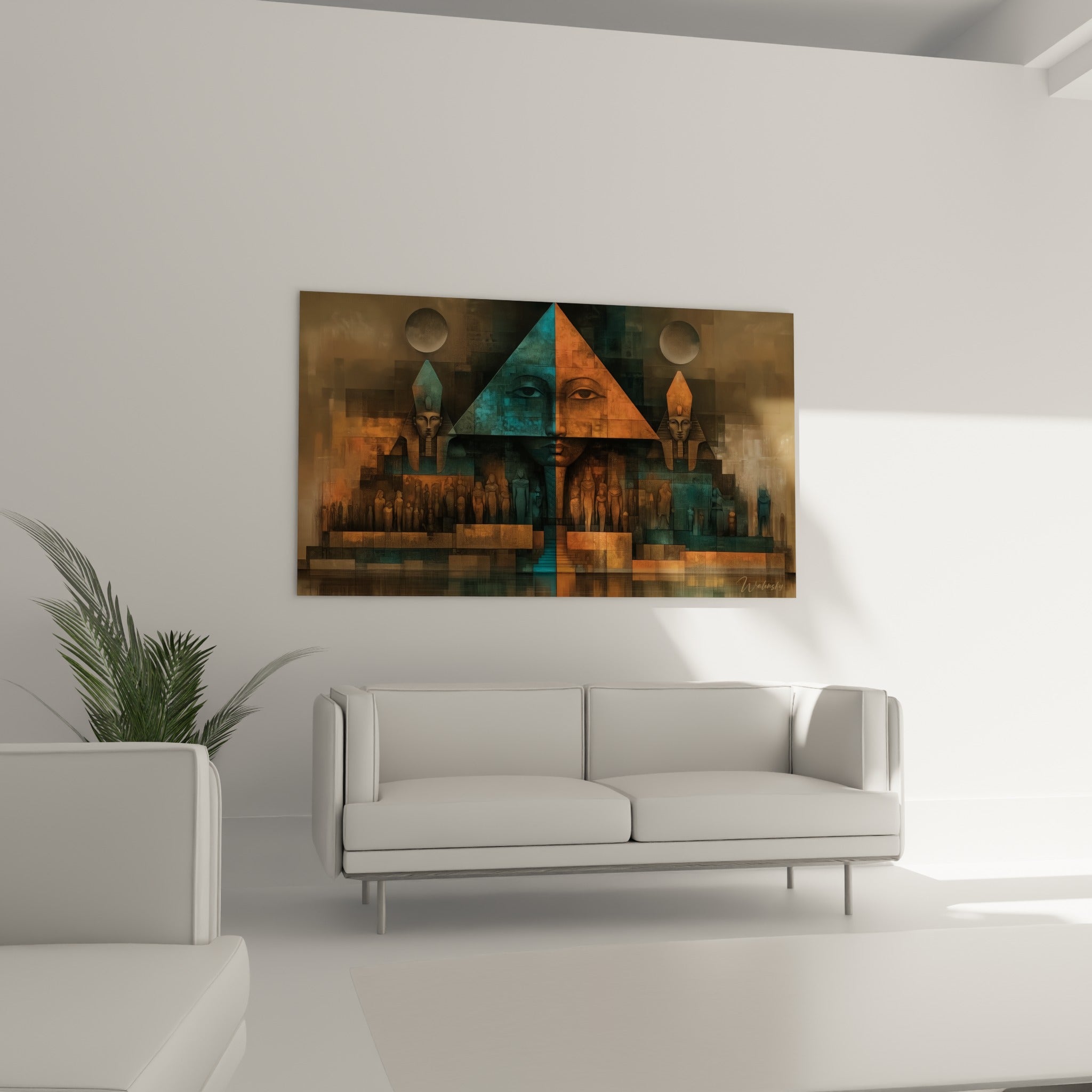 Pyramide antique aux teintes terracotta et anthracite au-dessus d'un canapé dans un salon lumineux