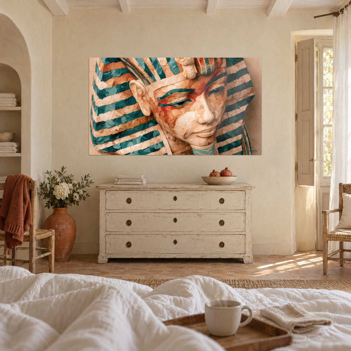 Tableau visage royal égyptien aux paupières closes, rayures turquoise et beige, rougeurs fardées, au-dessus d'un lit dans une chambre claire