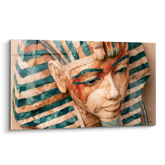 Pharaon au nemes turquoise et ocre, visage texturé aux touches empâtées et regard baissé