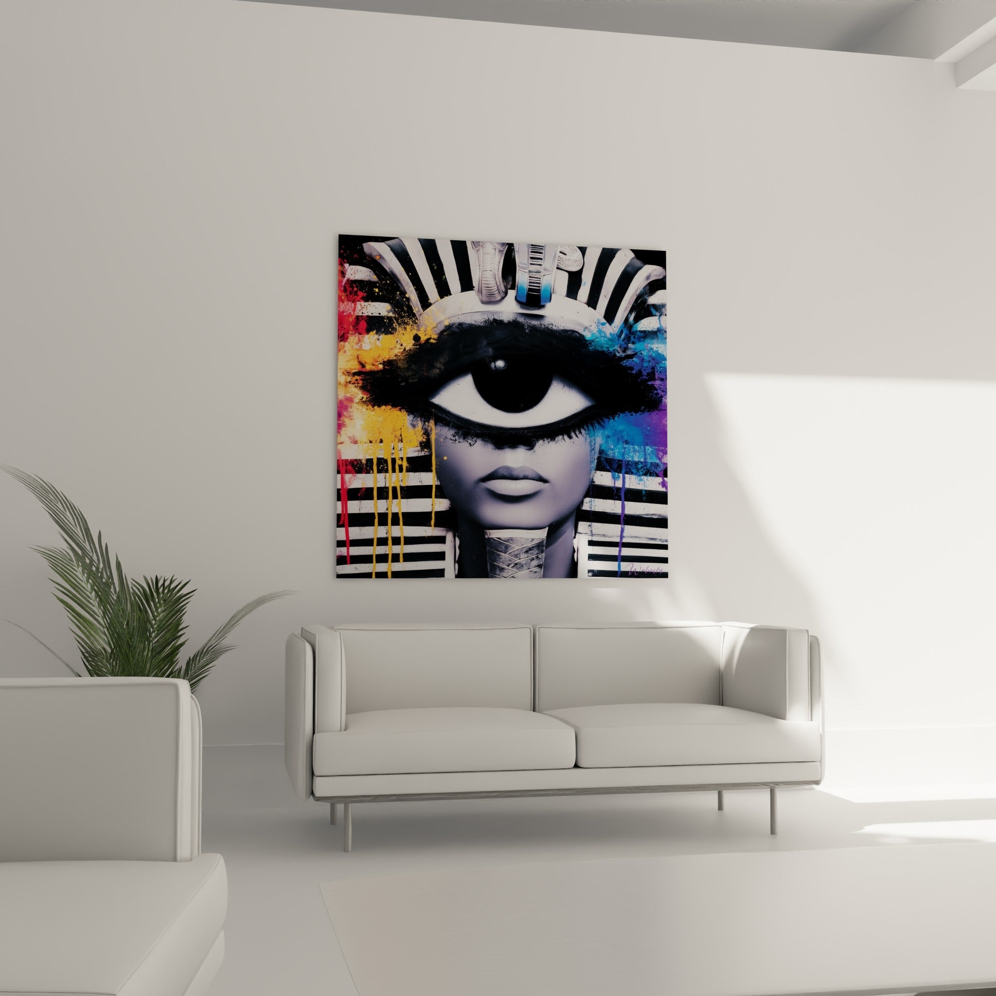 Portrait pharaonique aux couleurs violettes et jaunes éclatantes, au-dessus d'un canapé dans un salon lumineux