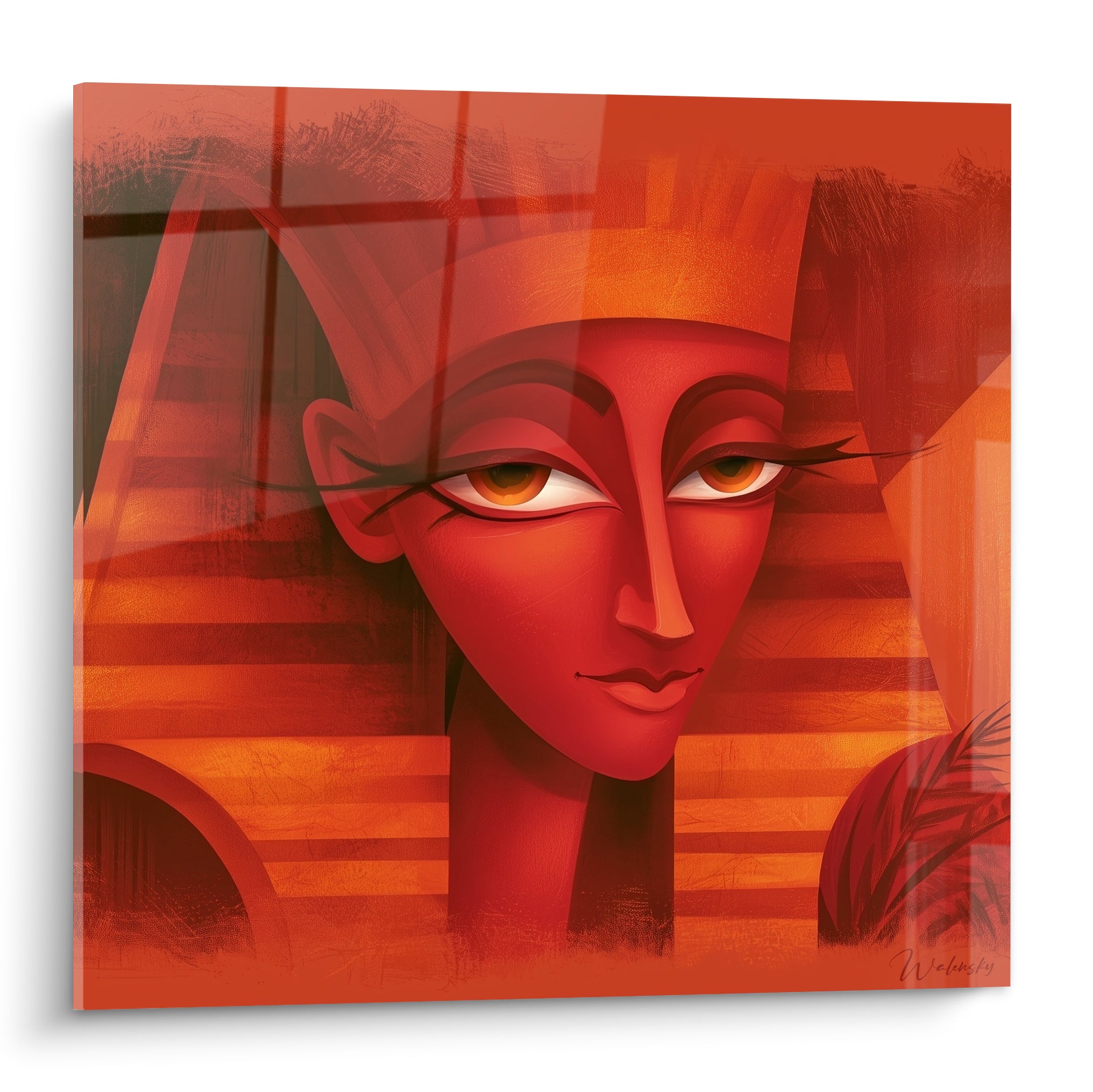 Pharaon au visage rouge et coiffe ocre rayée, regard intense, style graphique égyptien stylisé