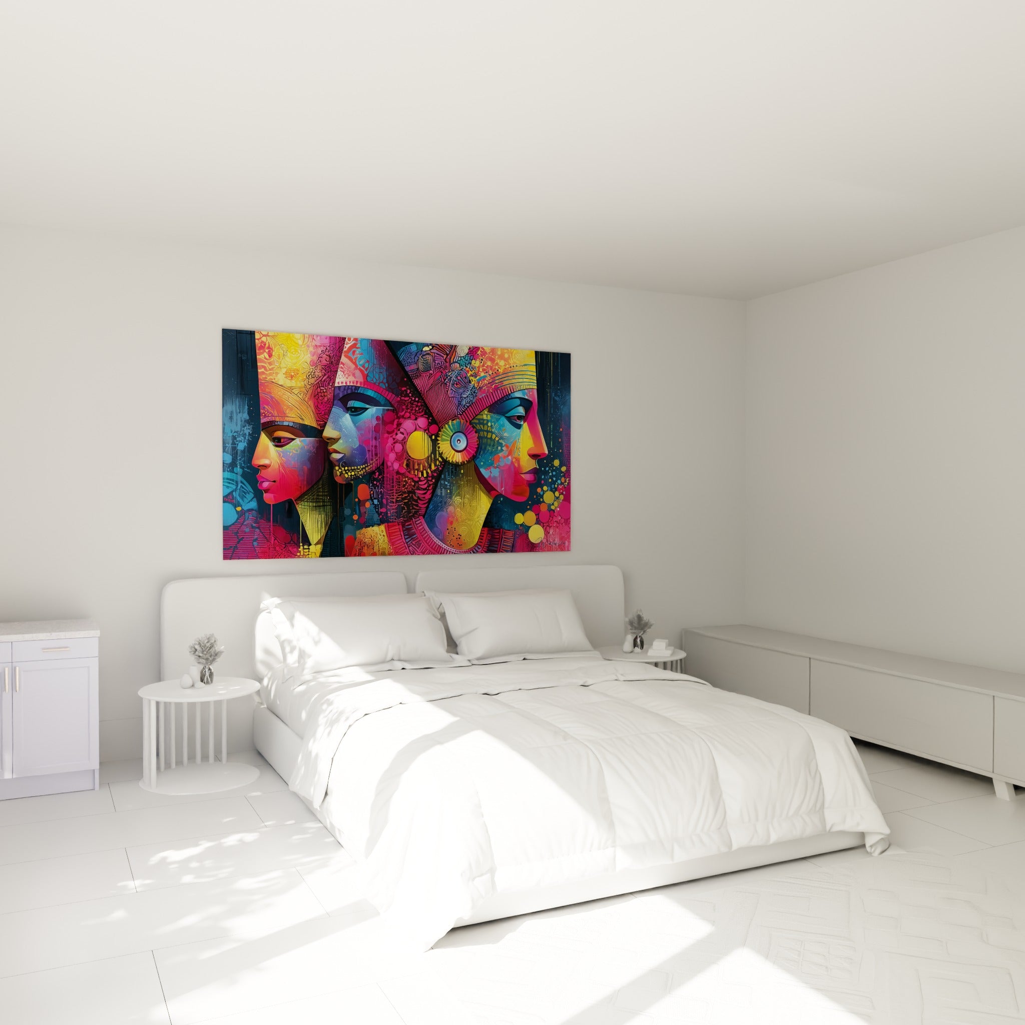 Reines égyptiennes aux teintes fuchsia et jaune doré au-dessus d'un lit dans une chambre claire