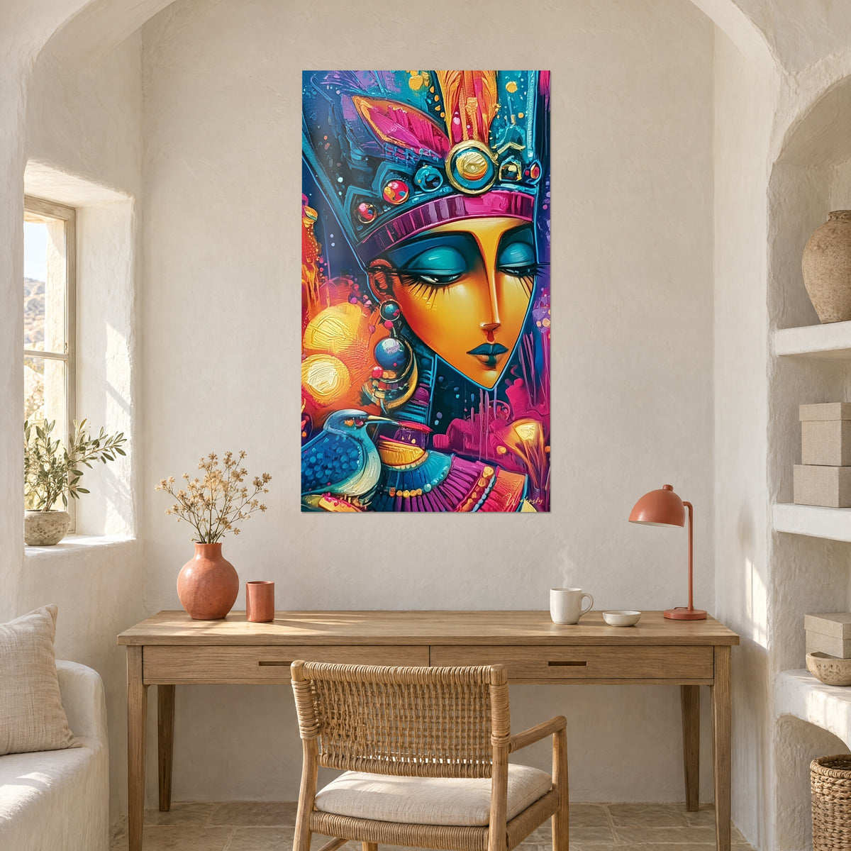 Schilderij van een Egyptisch gezicht met lange neus, glinsterende blauwe vogel, dik aangebrachte gele zonnen, tegenover een bureau van licht hout en een oranje lamp