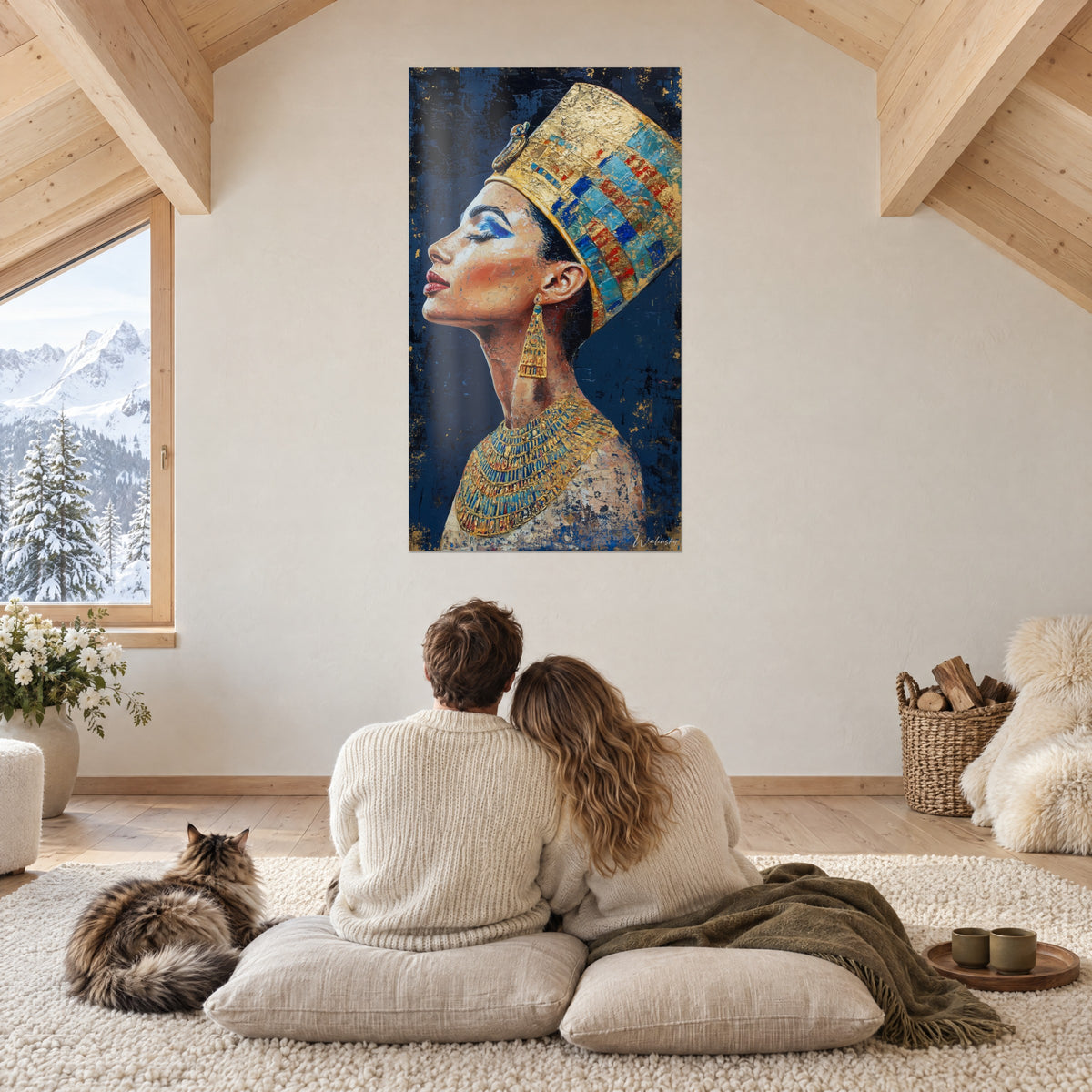 Schilderij buste van een Nijlkoningin, gouden borstplaat met turquoise, schitterende diadeem, boven een gezellige hoek met een Maine Coon en grijze plaids