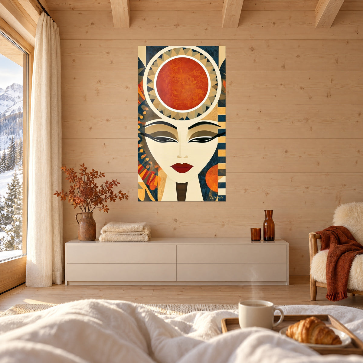 Schilderij godinnengezicht met geschminkte oogleden, rood-oranje zon op ivoor en marineblauw, boven een bed in een lichte slaapkamer