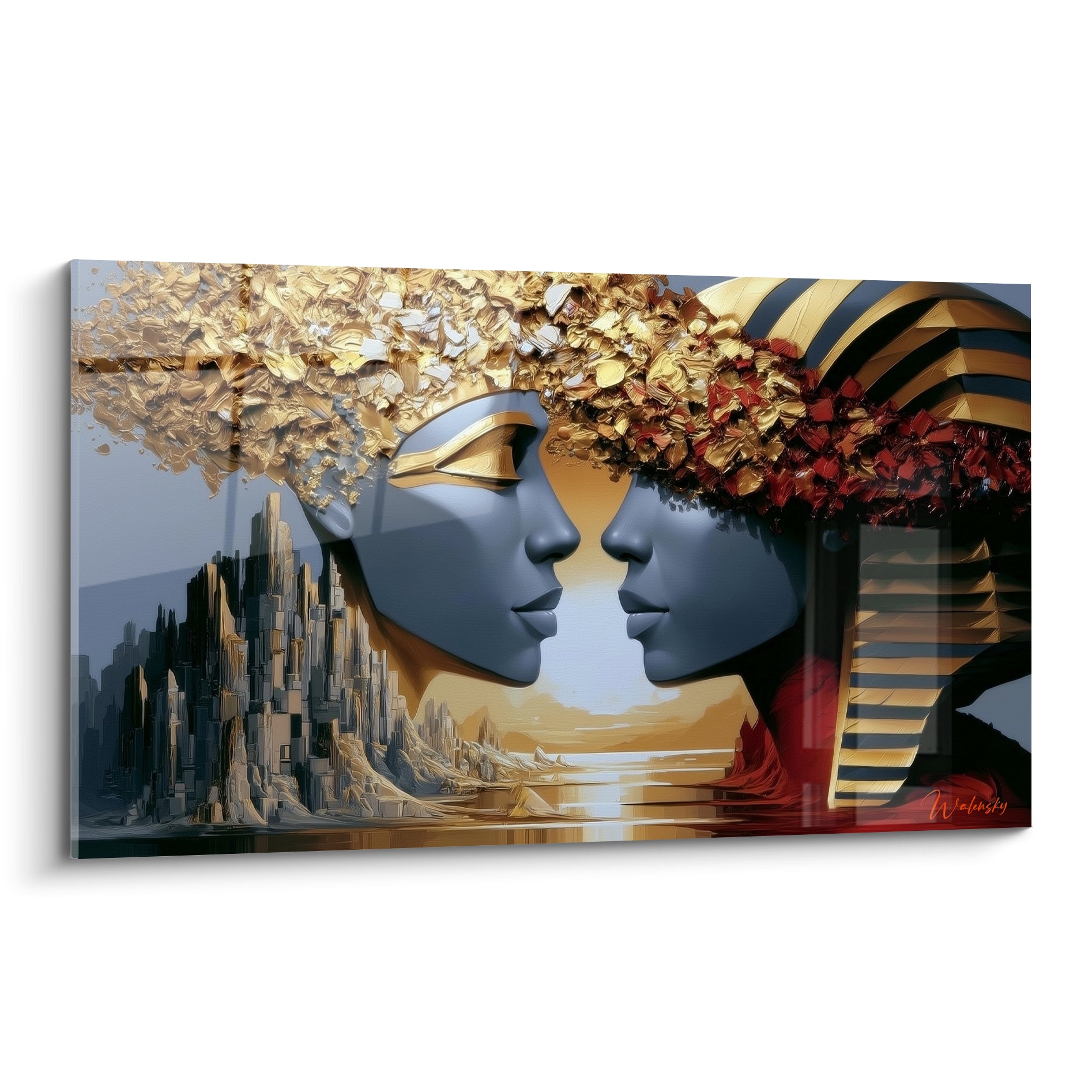 Deux pharaons bleu ardoise se font face, coiffes dorées éclatées et touches rouge bordeaux