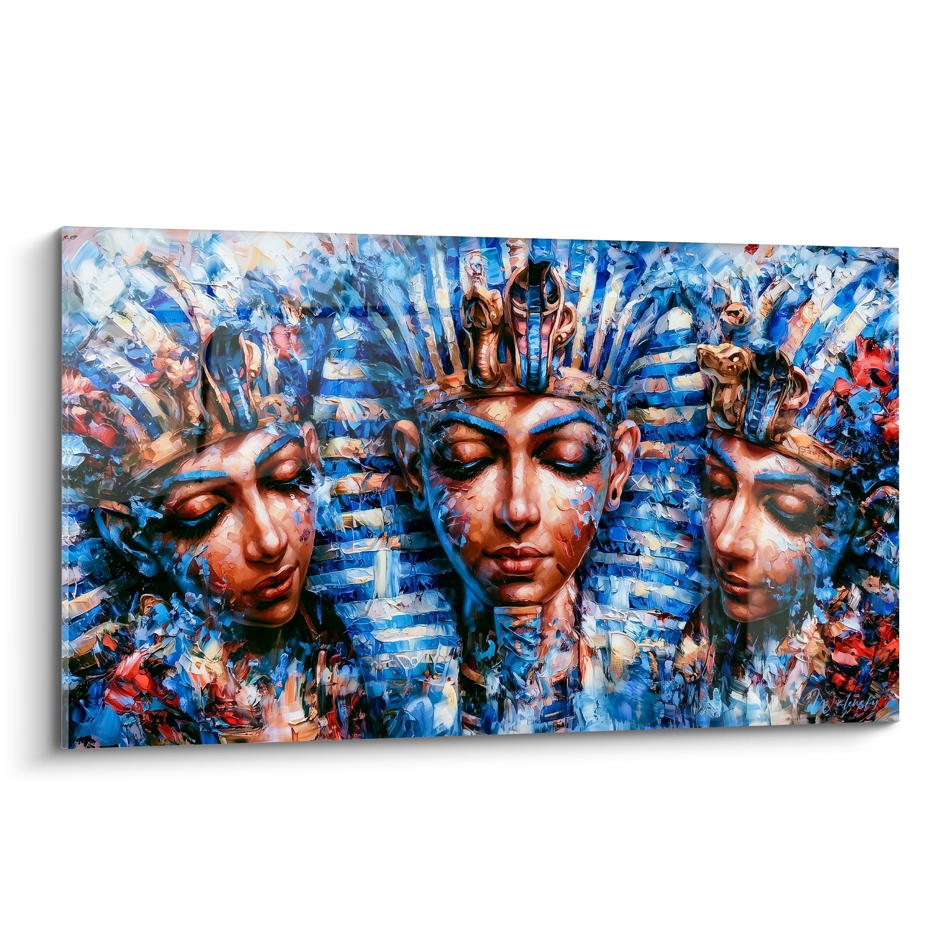 Pharaons aux yeux clos, bleu marine et doré, trois visages en triptyque expressif à l'huile