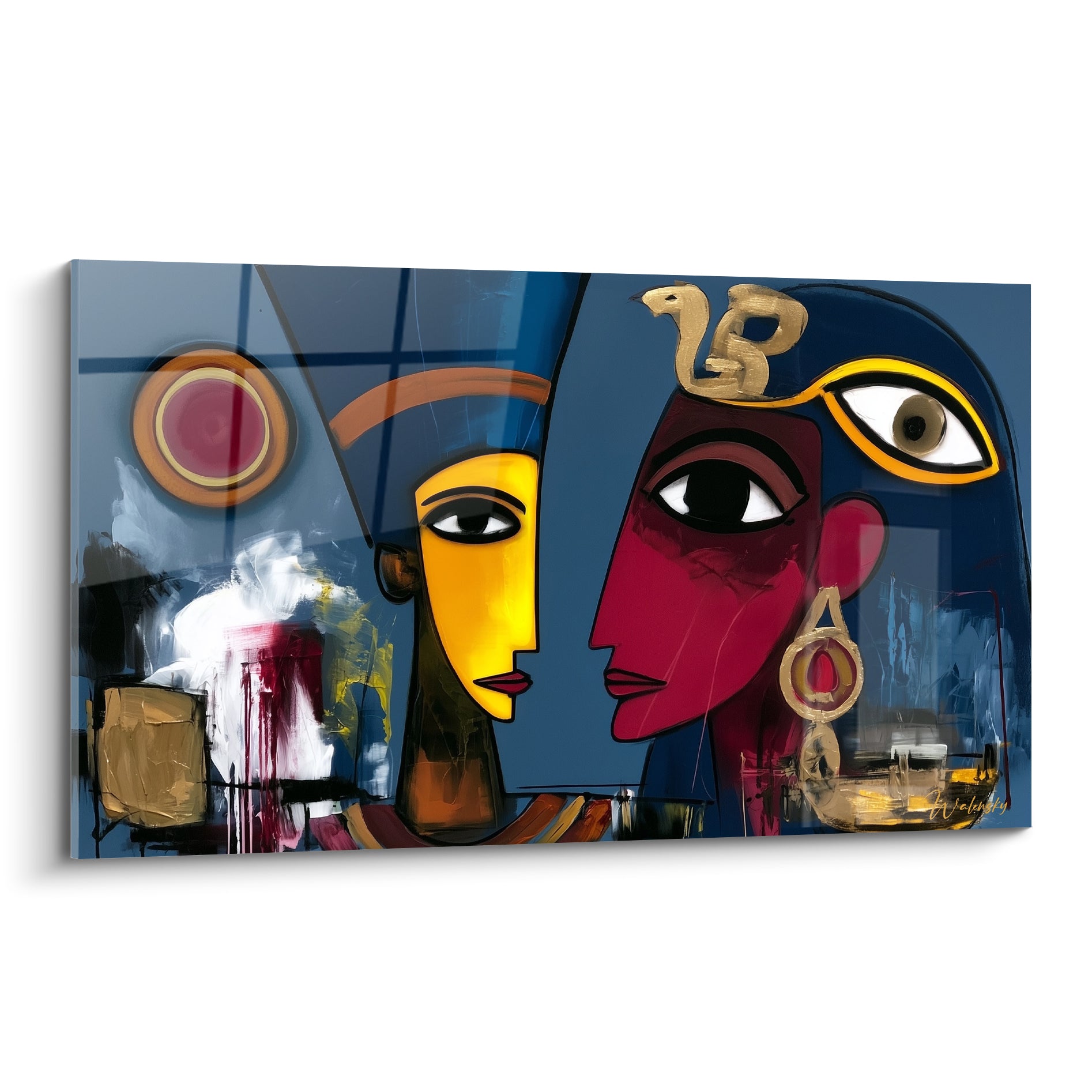 Deux profils pharaoniques jaune et bordeaux sur fond bleu marine avec cobra doré et œil stylisé