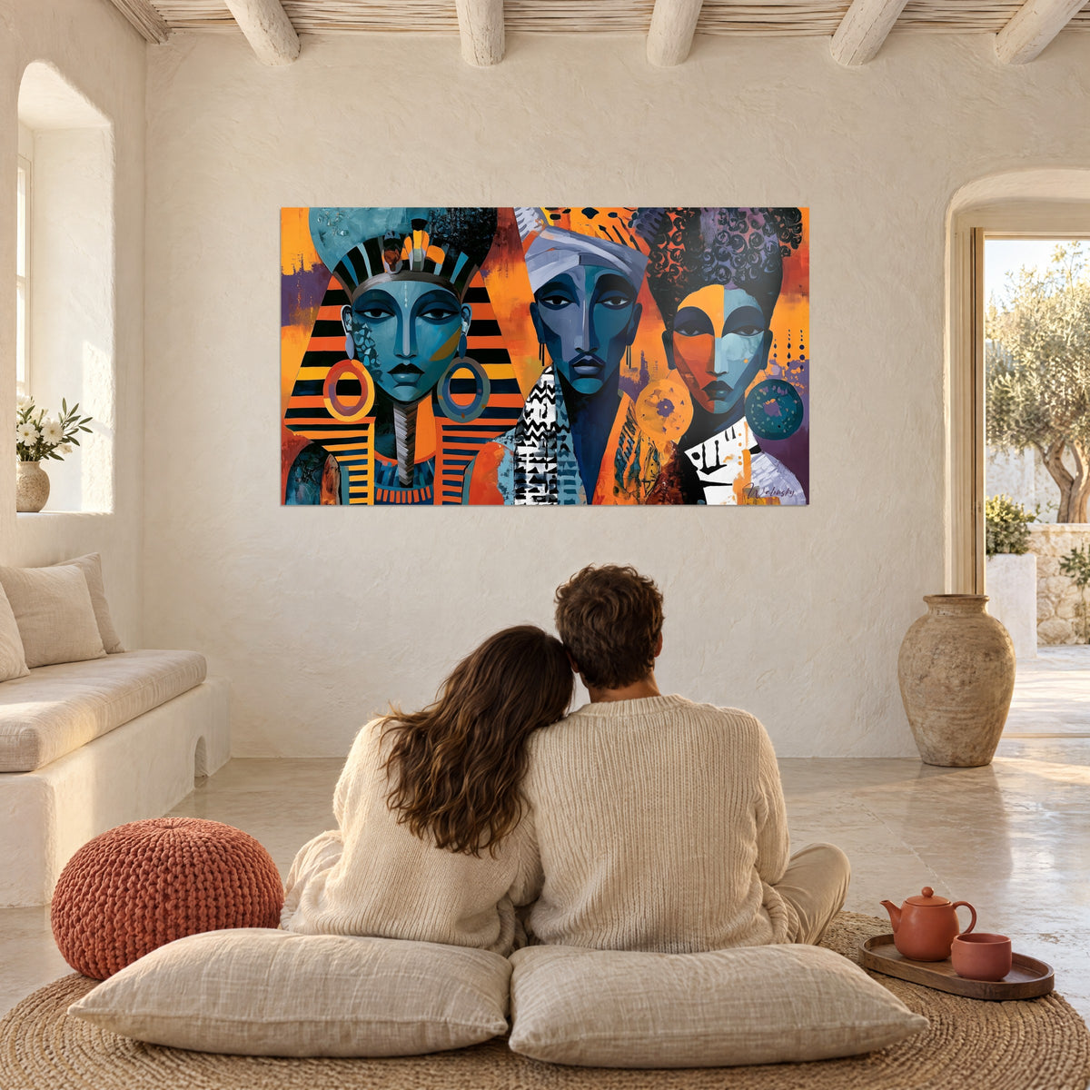 Schilderij van een dynastie van blauwe en barnsteenkleurige gezichten, zwart-witte motieven op de kragen, paar van achteren zittend op kussens, gewelfde woonkamer