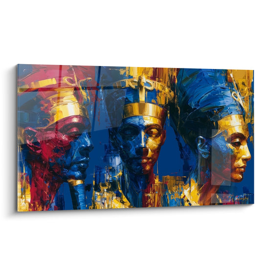 Trois pharaons égyptiens en profil, visages bleu marine et rouge, couronnes dorées éclatantes