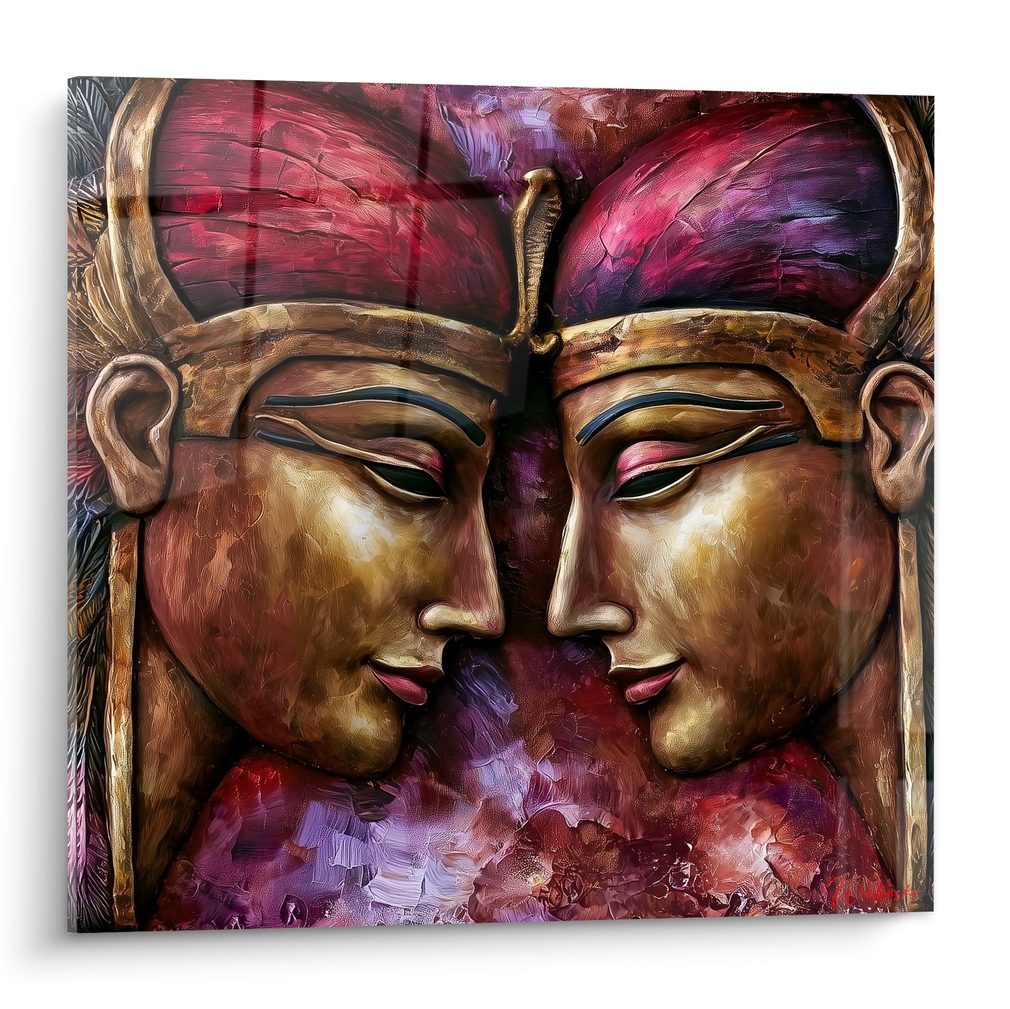 Deux pharaons dorés se font face, coiffes bordeaux et violettes, peinture texturée symétrique