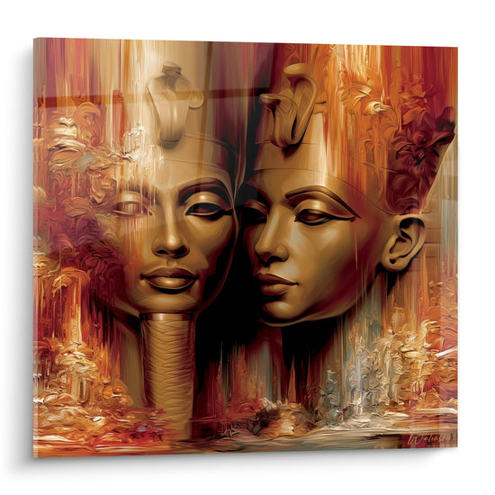 Deux visages pharaoniques dorés et bordeaux se superposent sur ce tableau égyptien peint