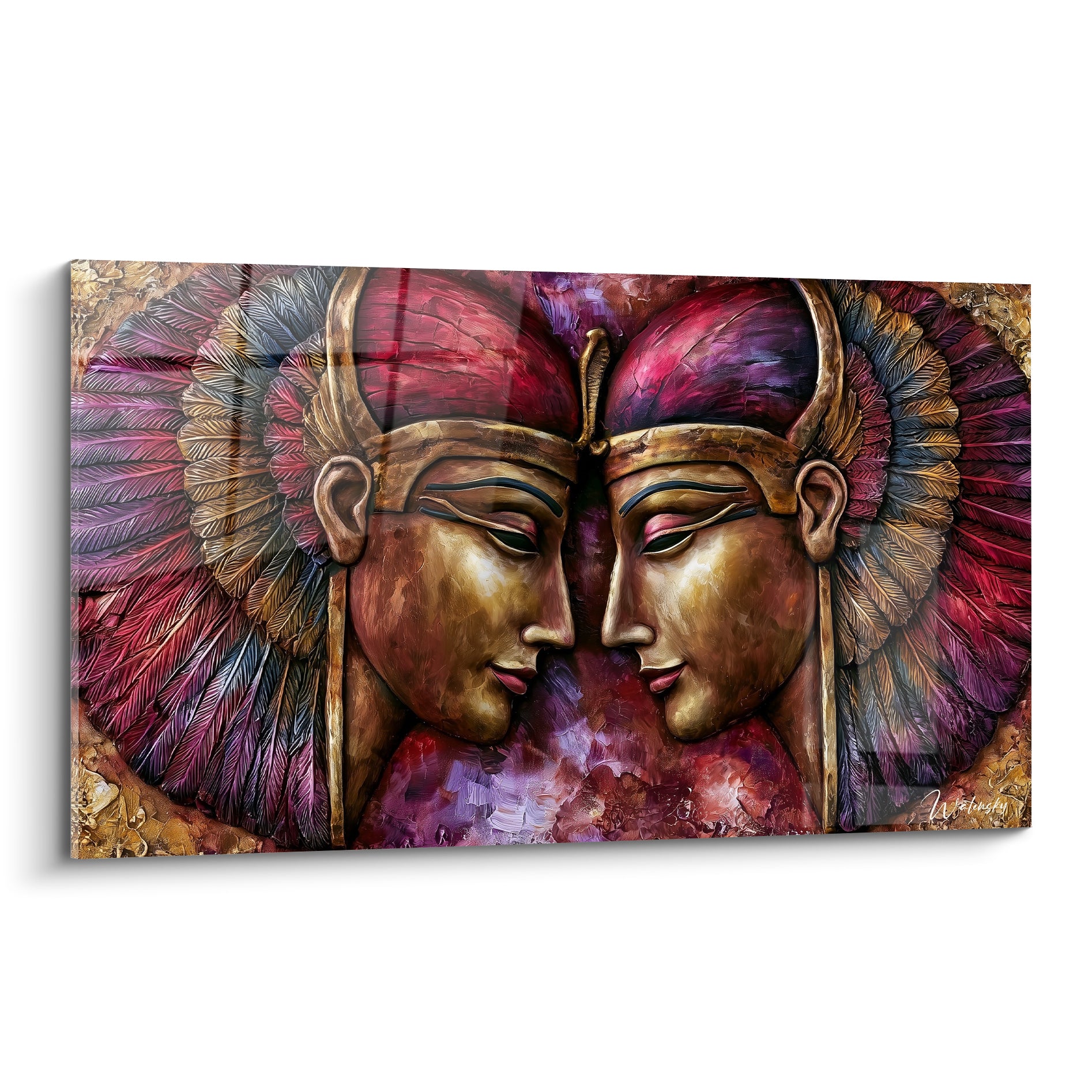 Pharaons dorés face à face, coiffes pourpres et violettes, style égypte sculpté