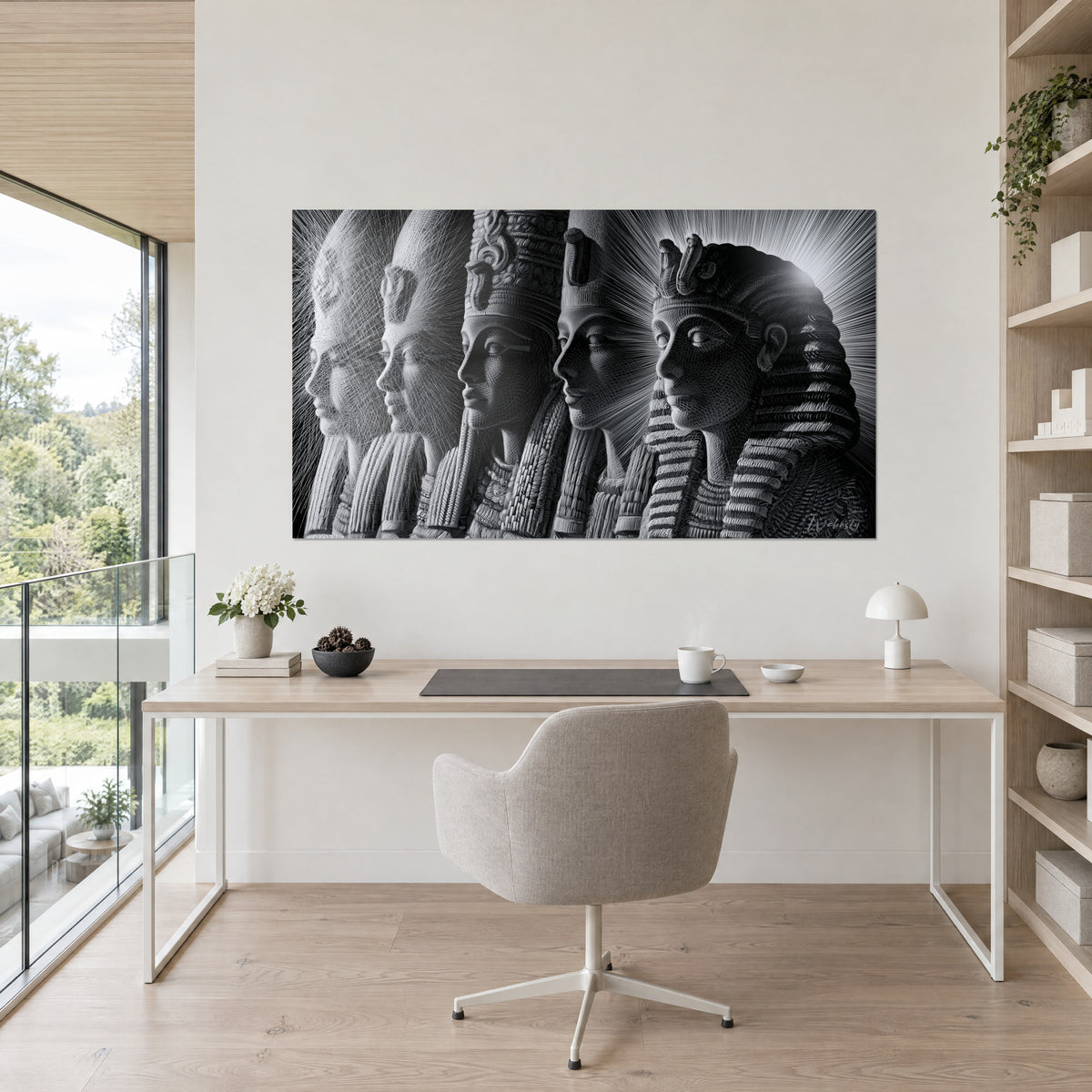 Schilderij parade van farao-gezichten in zwarte en witte arceringen, opgehangen boven een licht bureau